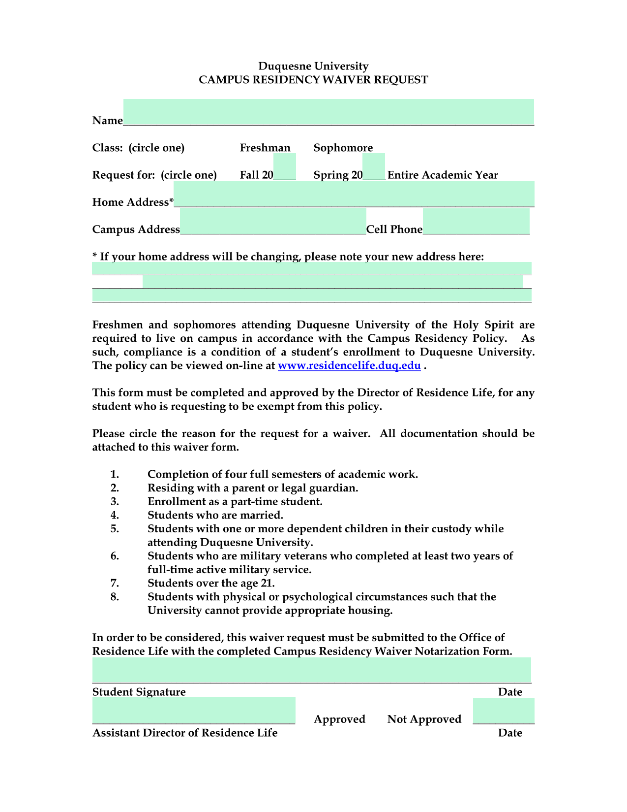 Duquesne University Campus Residency Waiver Request screenshot