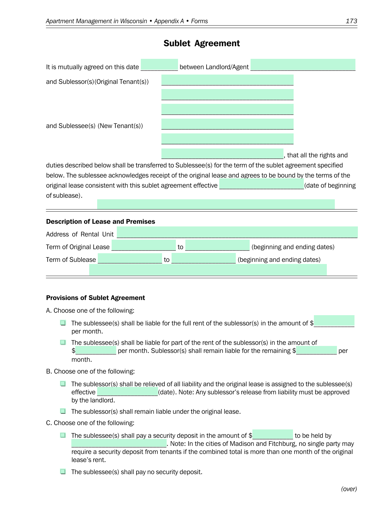 Sublet Agreement screenshot