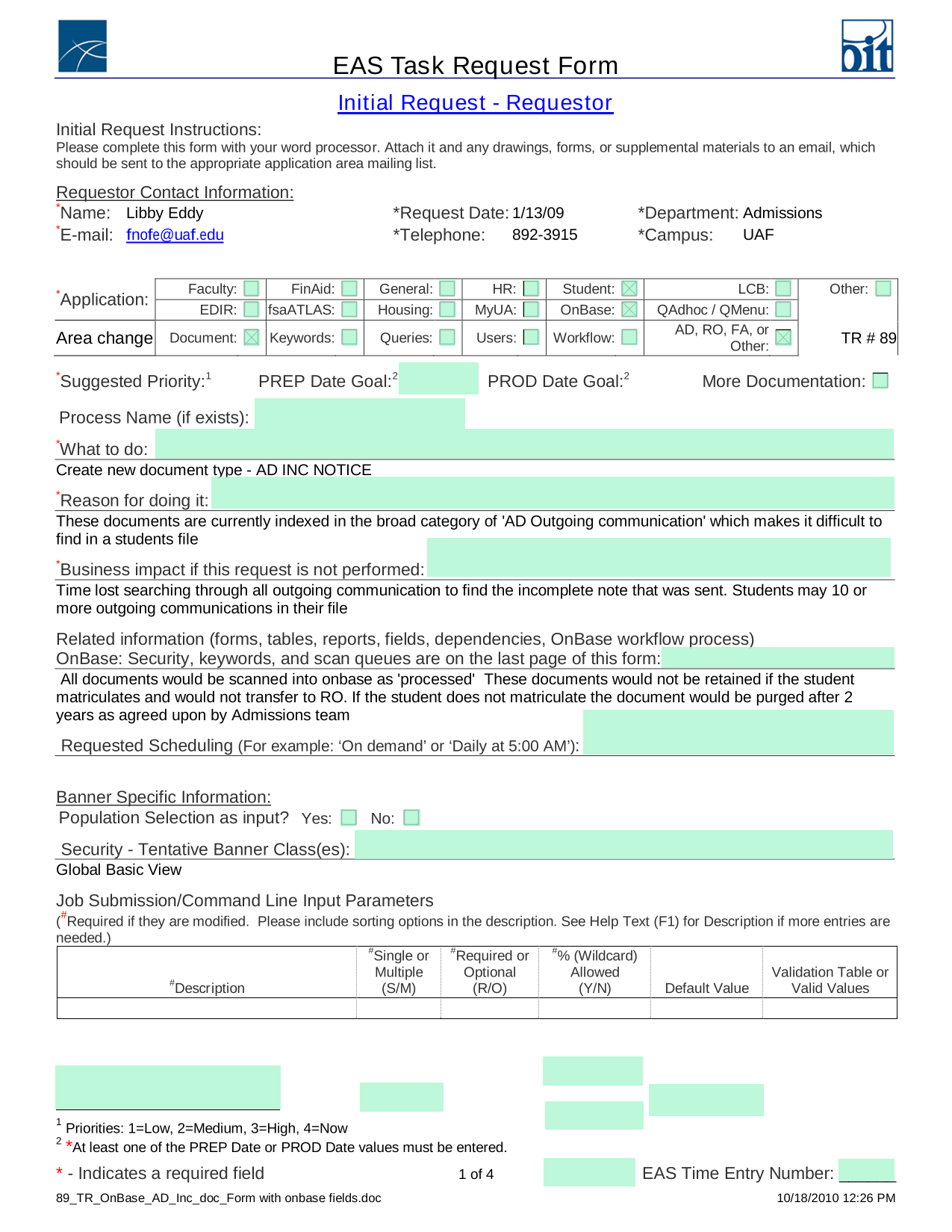 EAS Task Request Form screenshot