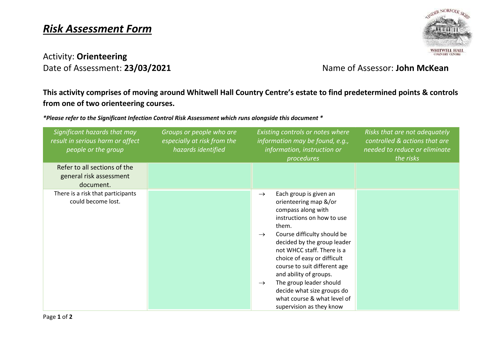 Risk Assessment Form screenshot