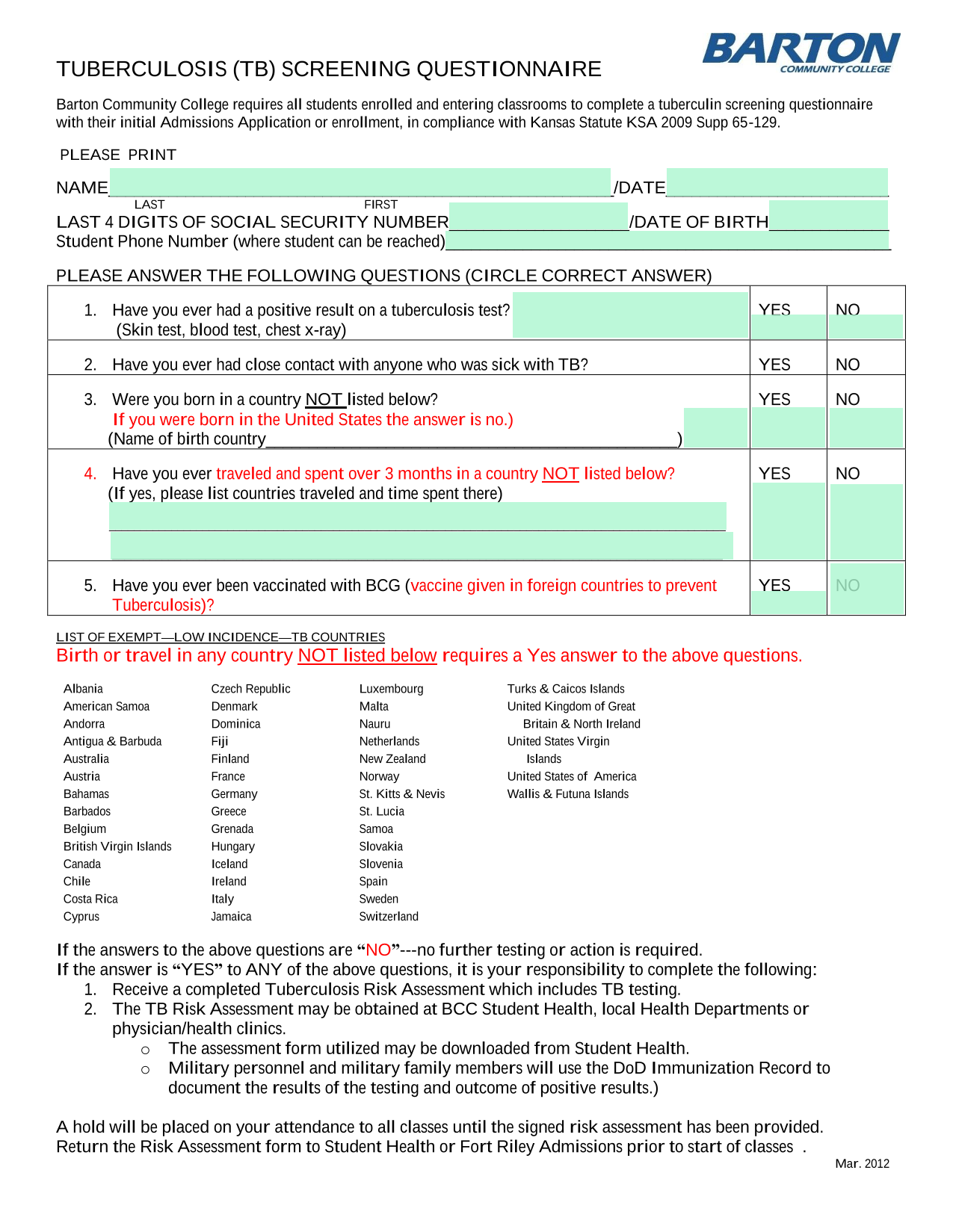 Tuberculosis (TB) Screening Questionnaire screenshot