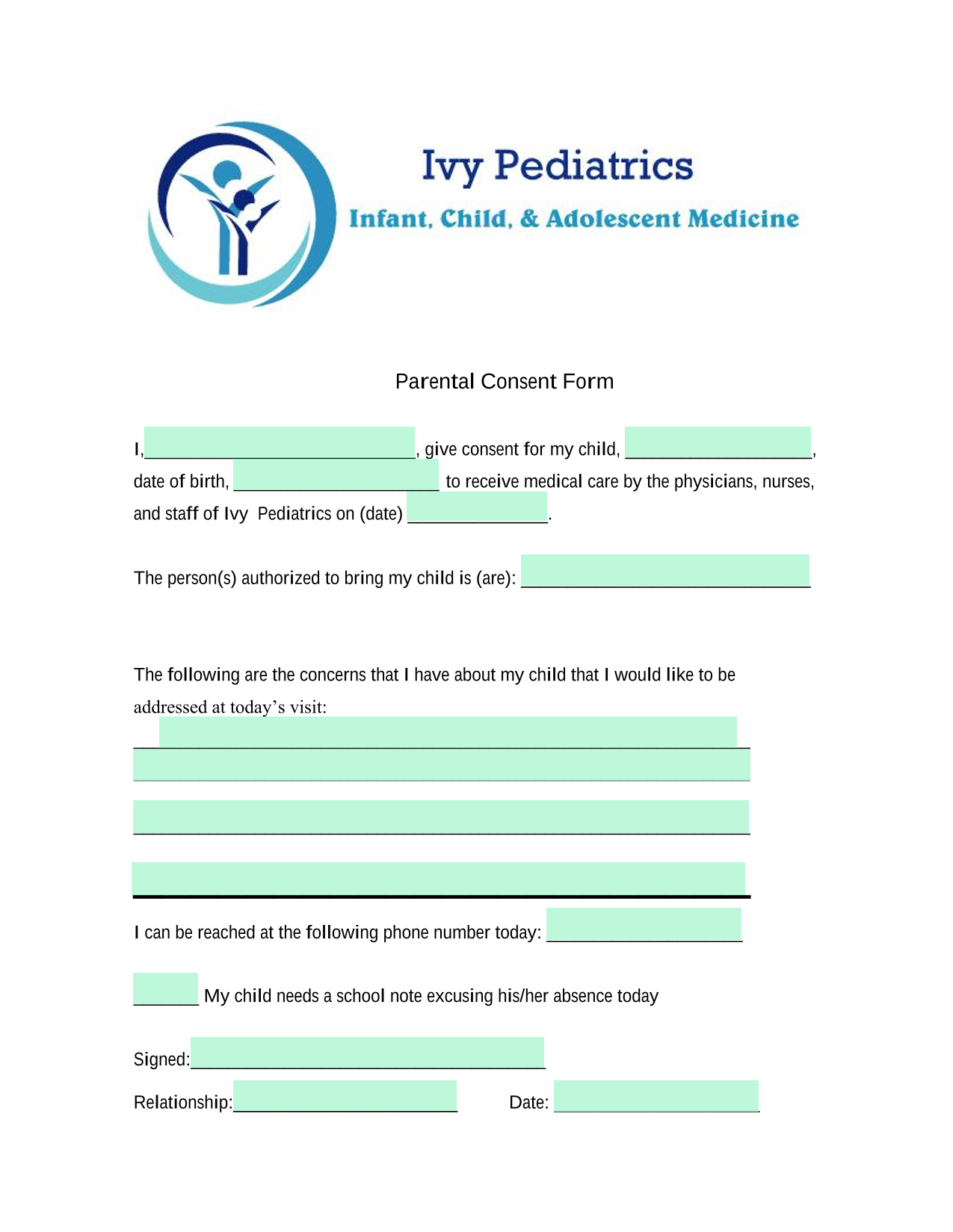 Parental Consent Form screenshot