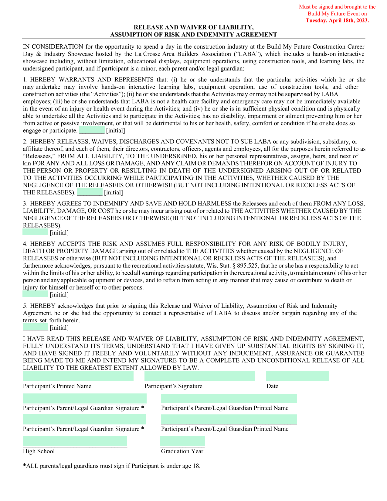 Release And Waiver Of Liability, Assumption Of Risk And Indemnity Agreement screenshot