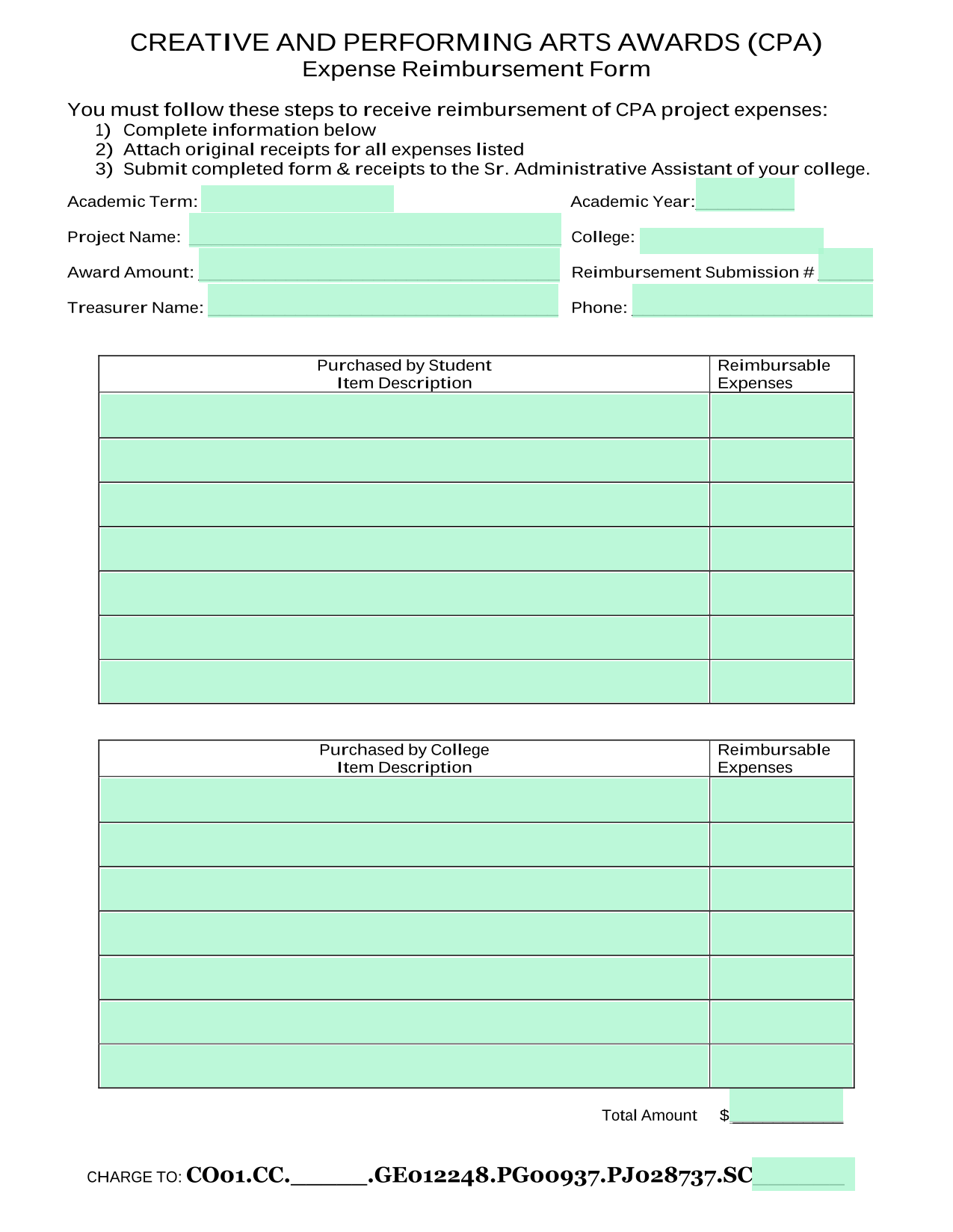 CREATIVE AND PERFORMING ARTS AWARDS (CPA) Expense Reimbursement Form screenshot
