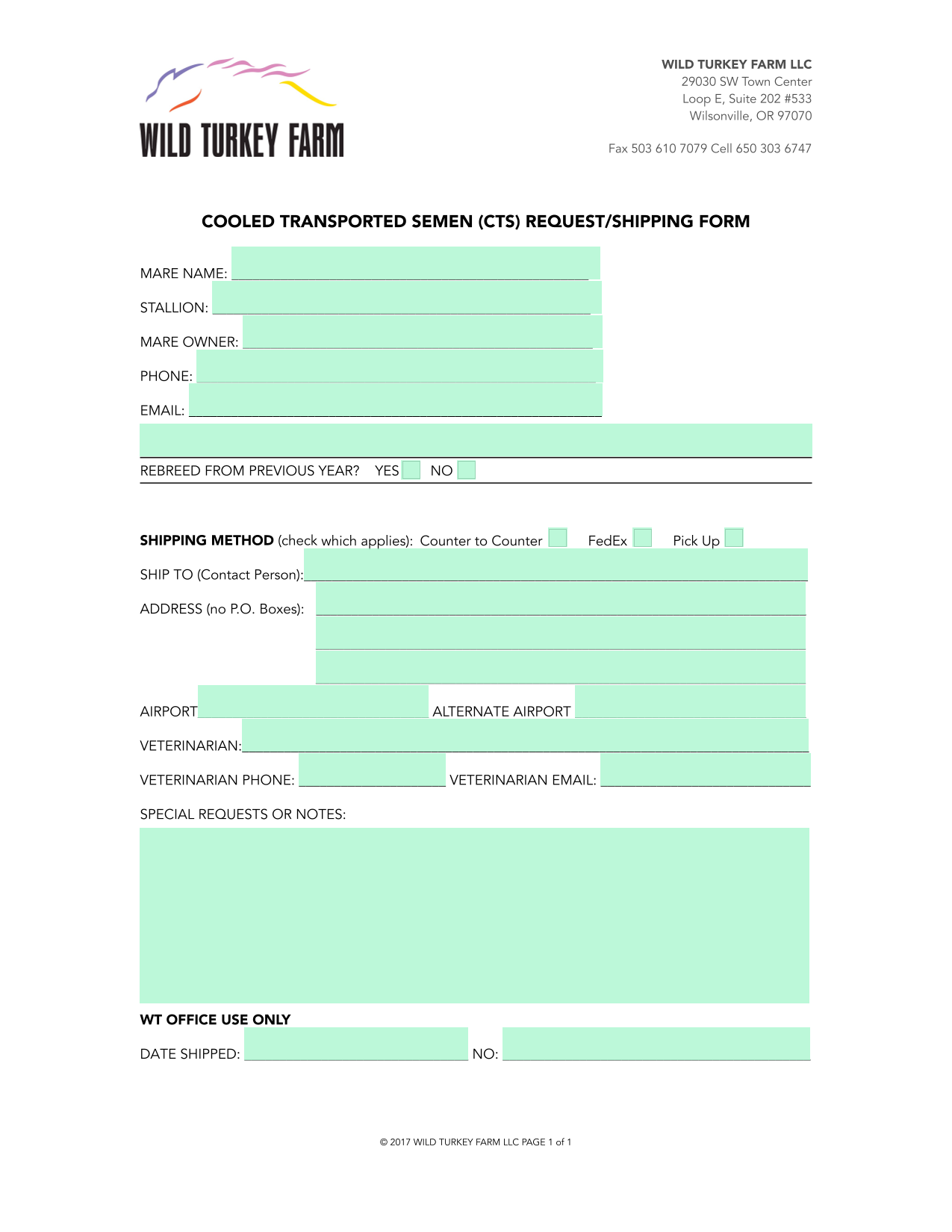 COOLED TRANSPORTED SEMEN (CTS) REQUESTSHIPPING FORM screenshot
