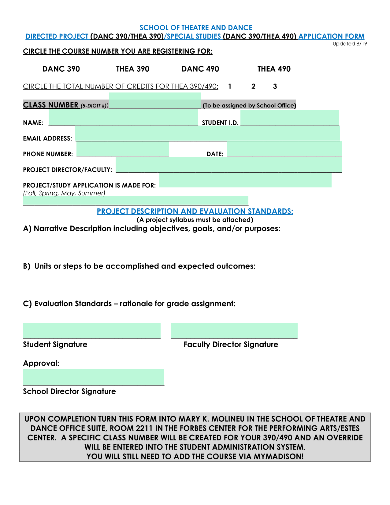 School Of Theatre And Dance Directed ProjectSpecial Studies Application Form screenshot