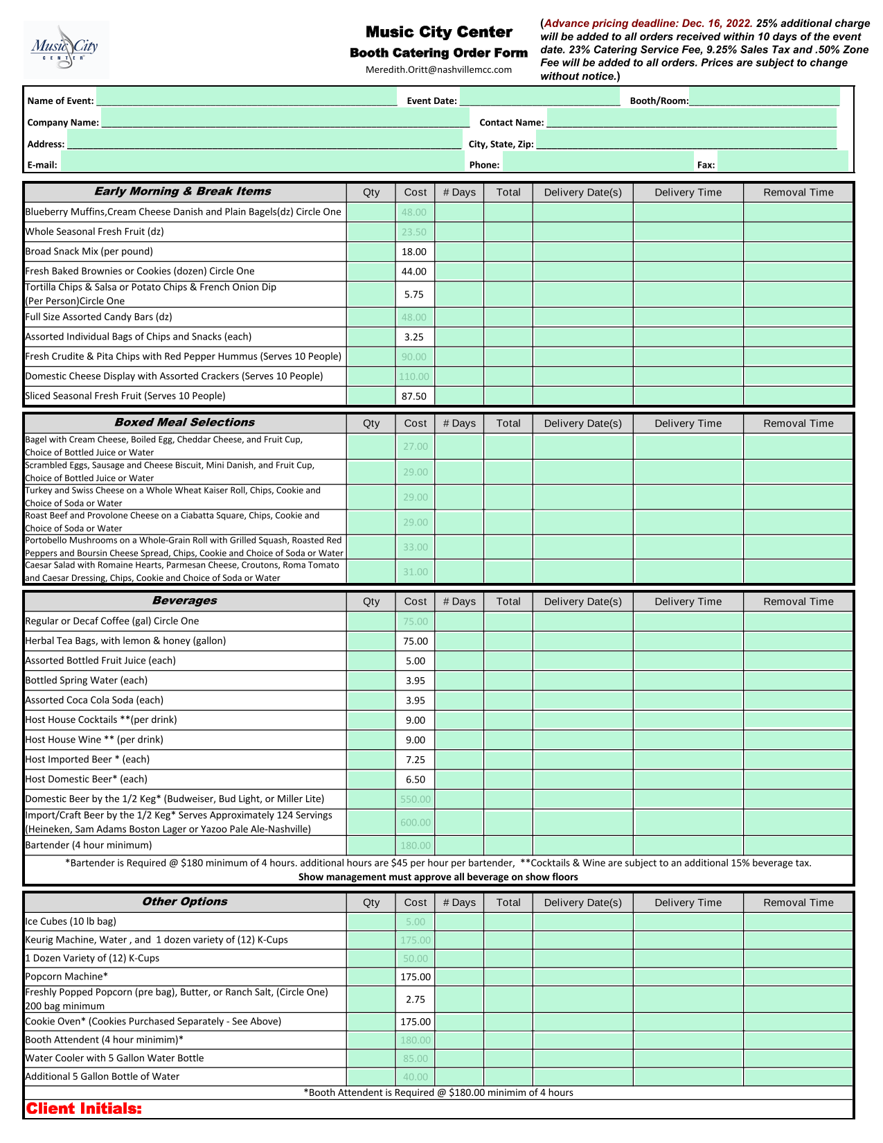 Booth Catering Order Form screenshot