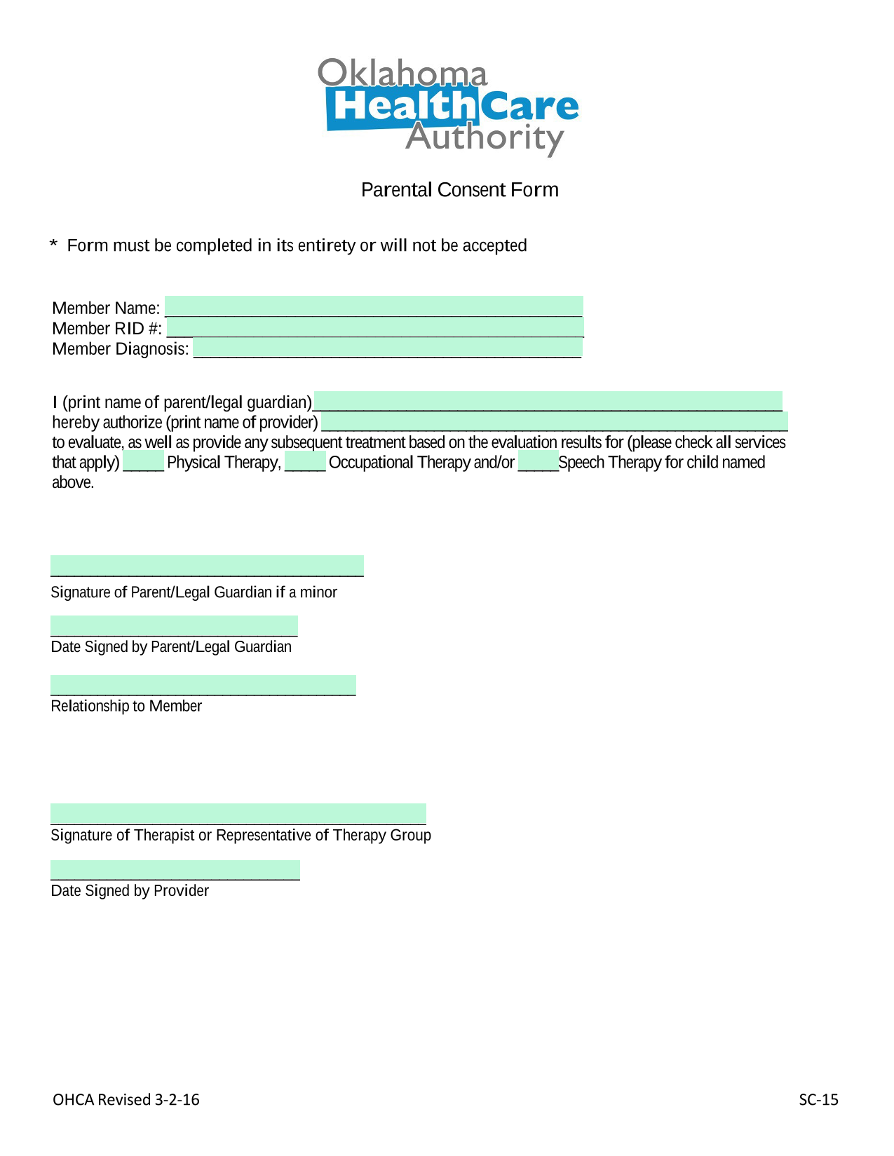 Parental Consent Form screenshot