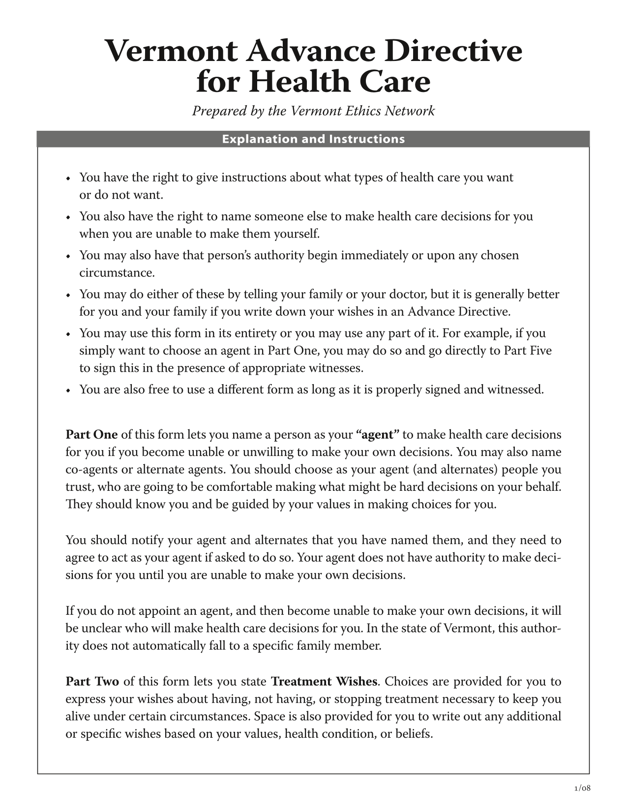 Vermont Advance Directive For Health Care screenshot