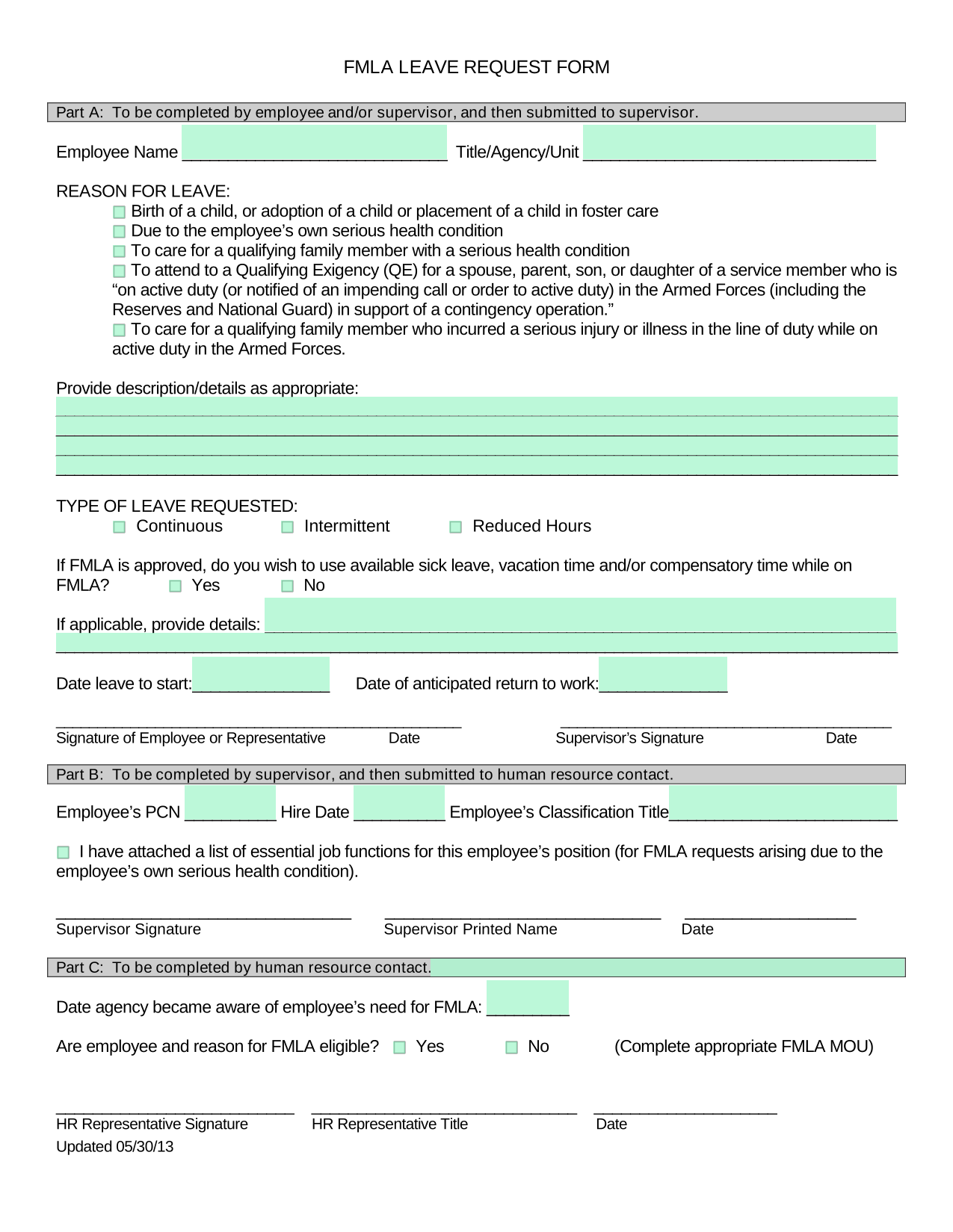 FMLA LEAVE REQUEST FORM screenshot