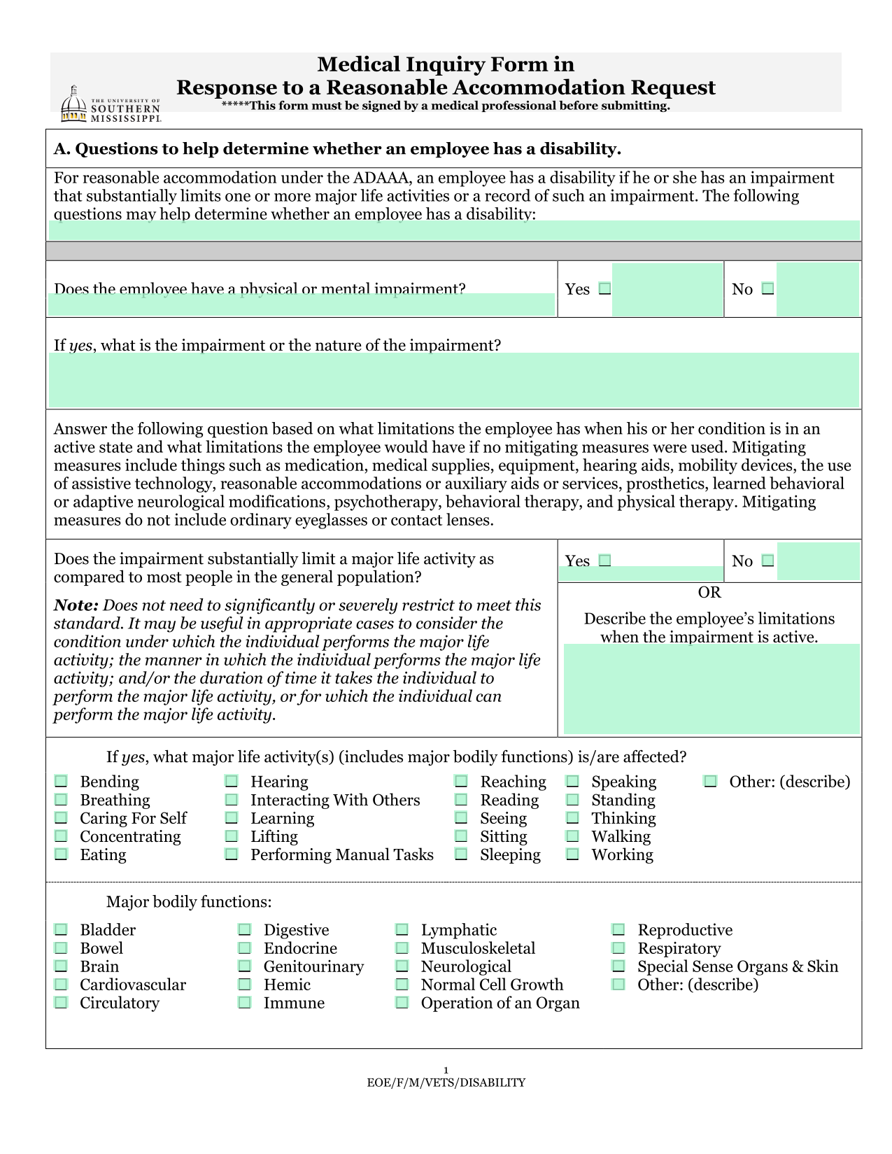 Medical Inquiry Form In Response To A Reasonable Accommodation Request screenshot