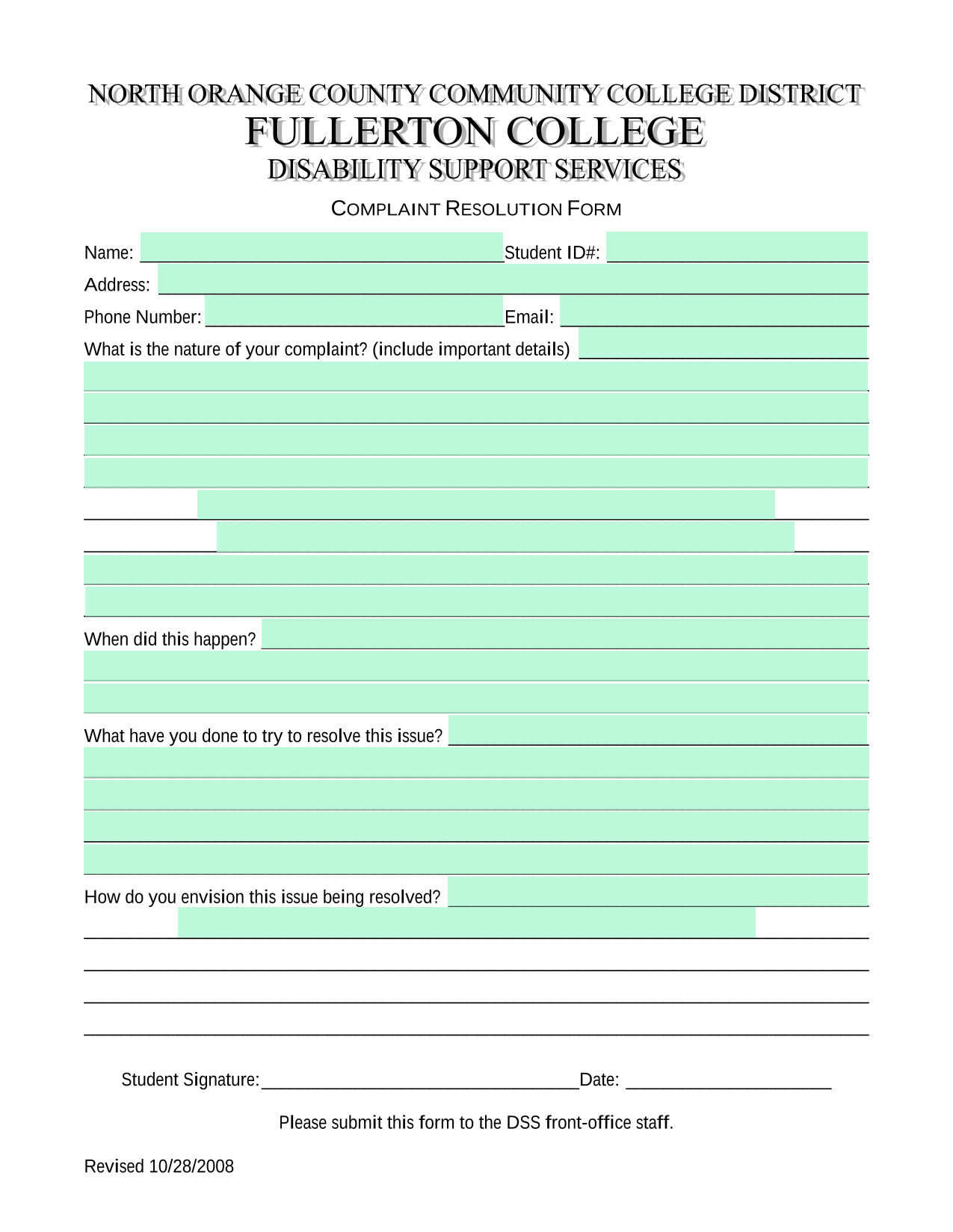 COMPLAINT RESOLUTION FORM screenshot