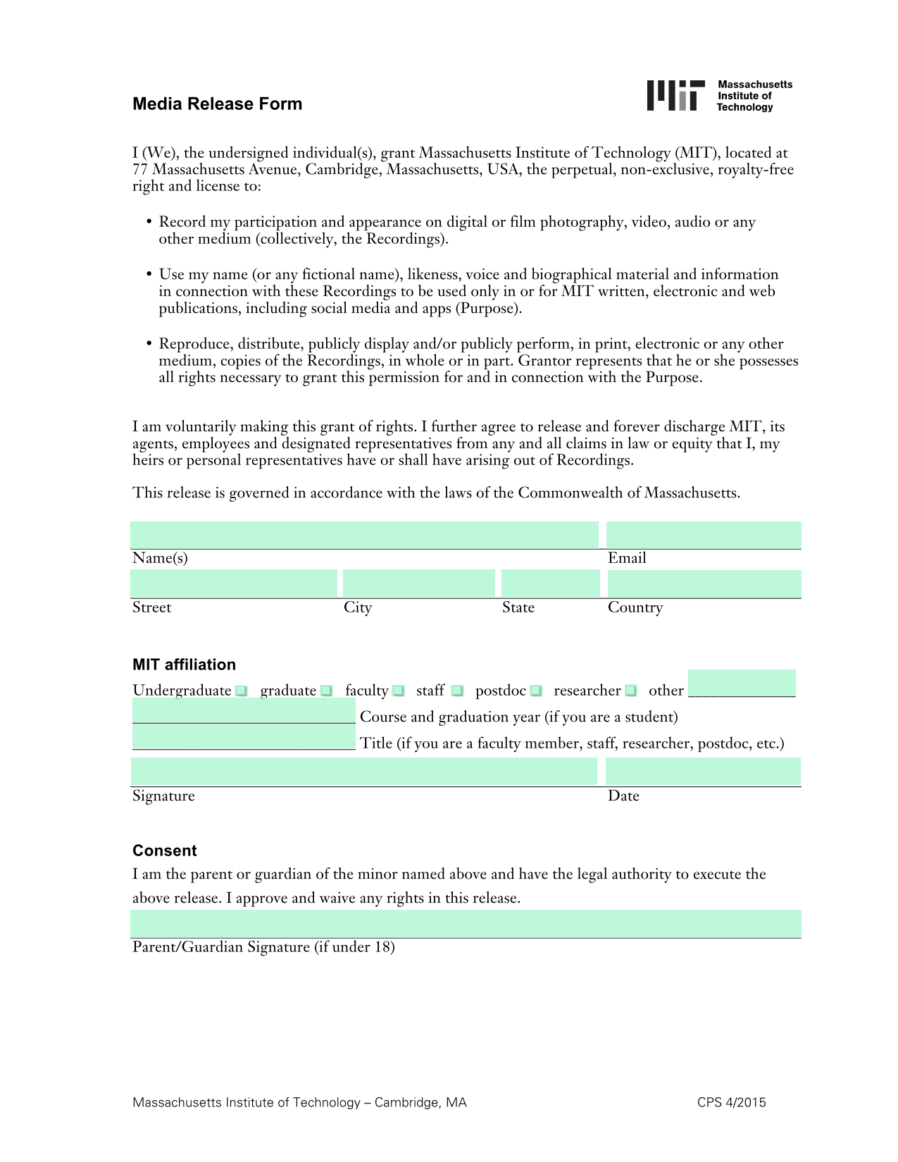 Media Release Form screenshot
