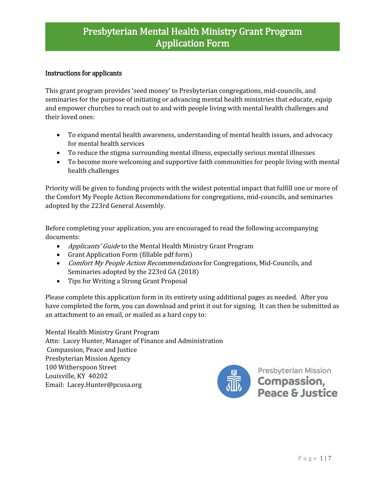 Presbyterian Mental Health Ministry Grant Program Application Form screenshot