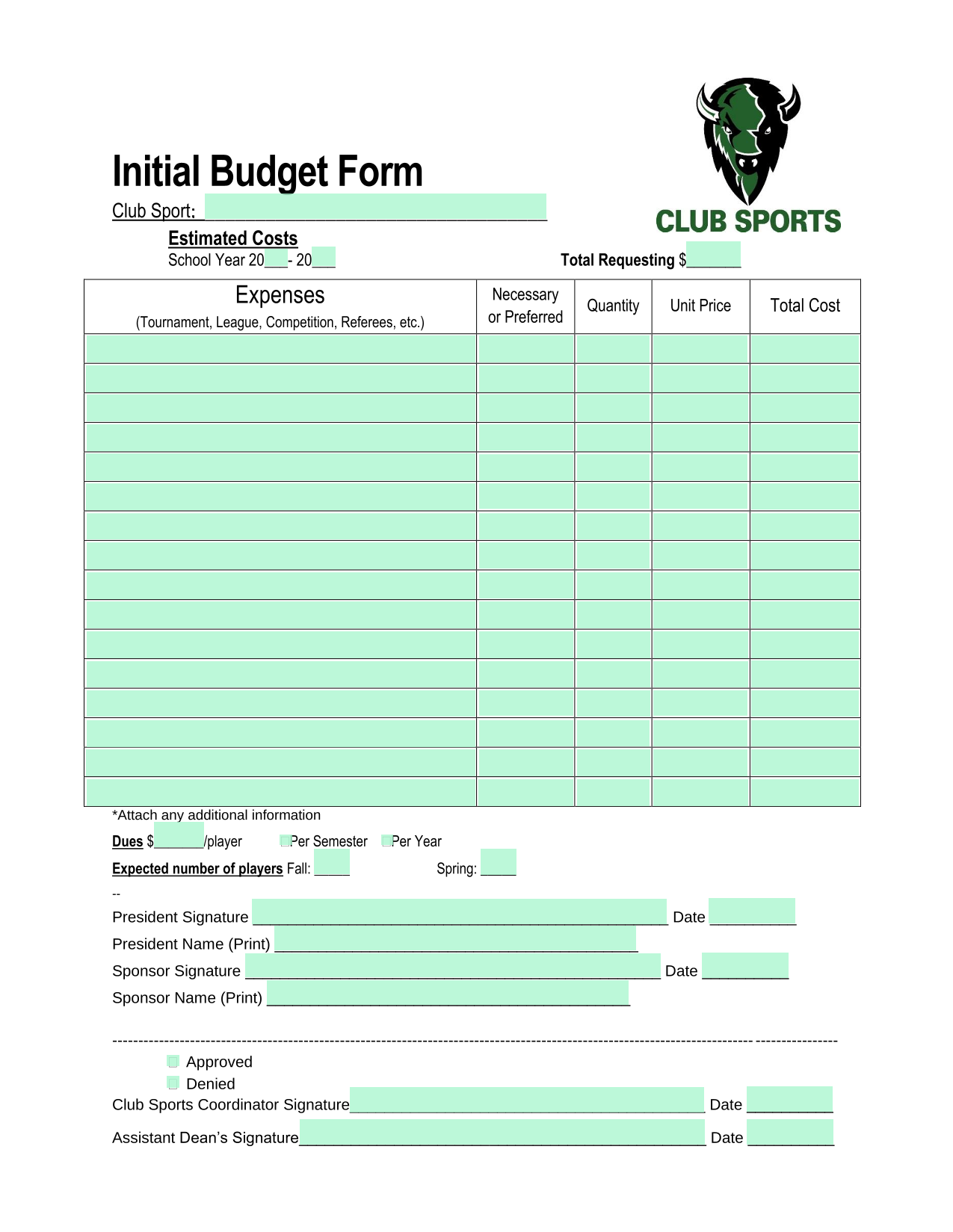 Initial Budget Form screenshot