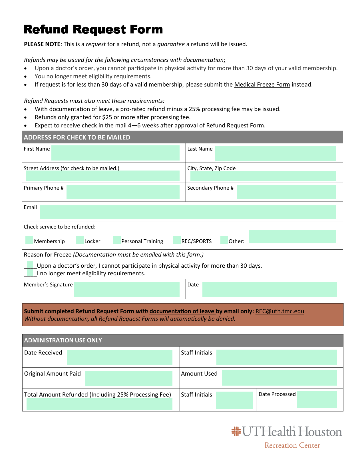 Refund Request Form screenshot