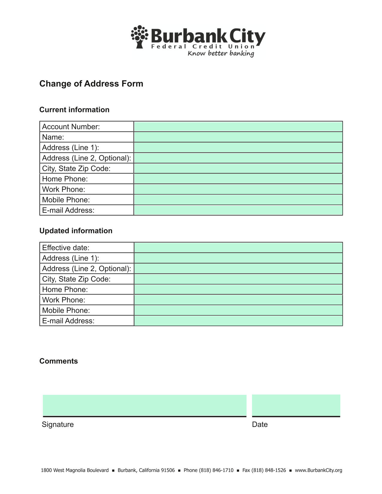 Change Of Address Form screenshot