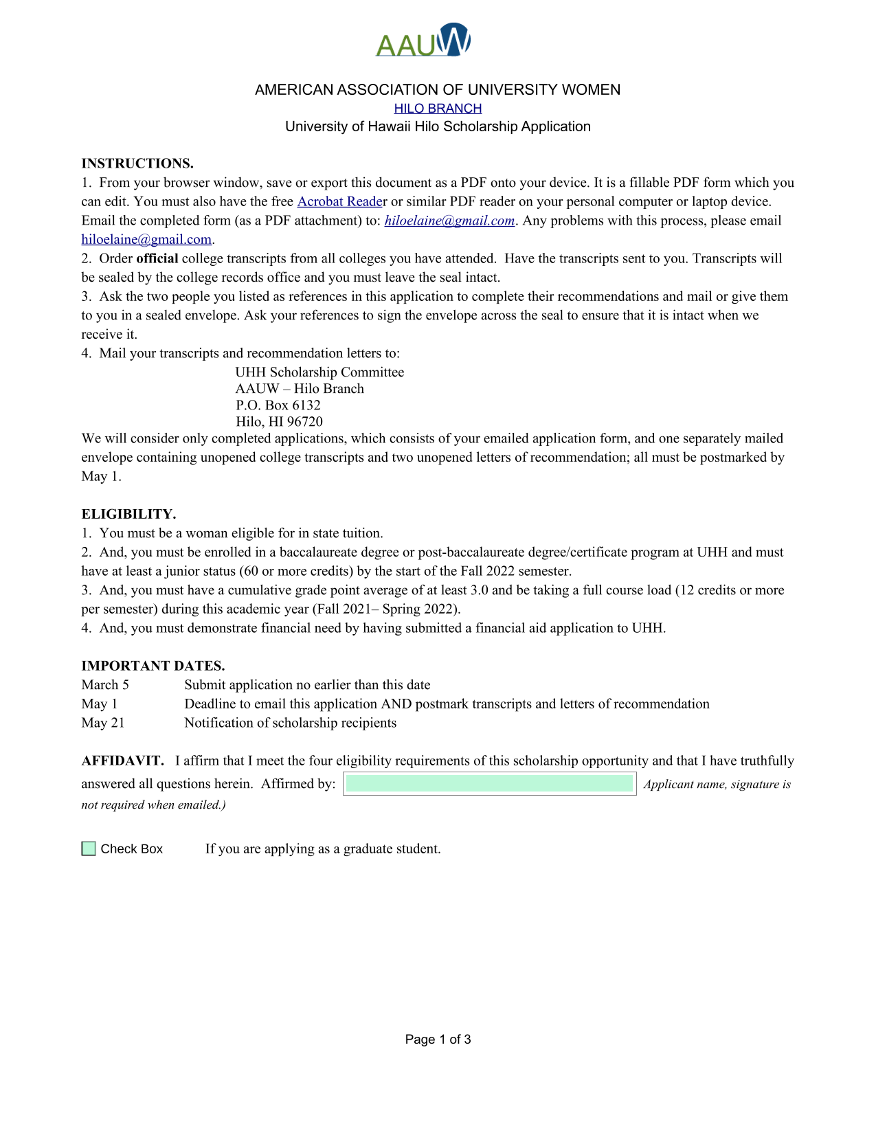 University Of Hawaii Hilo Scholarship Application screenshot