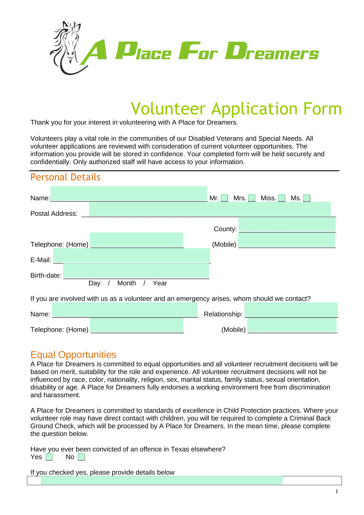 Volunteer Application Form screenshot