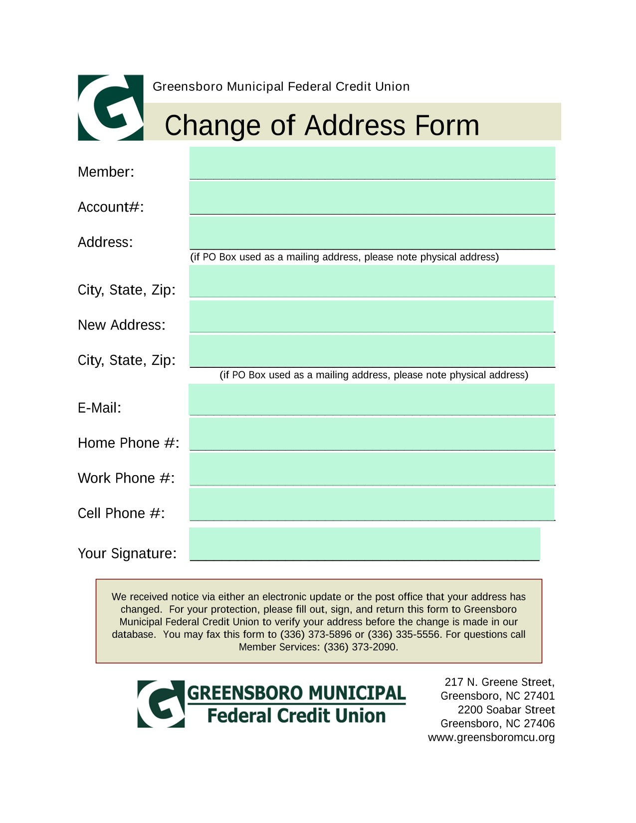 Change Of Address Form screenshot