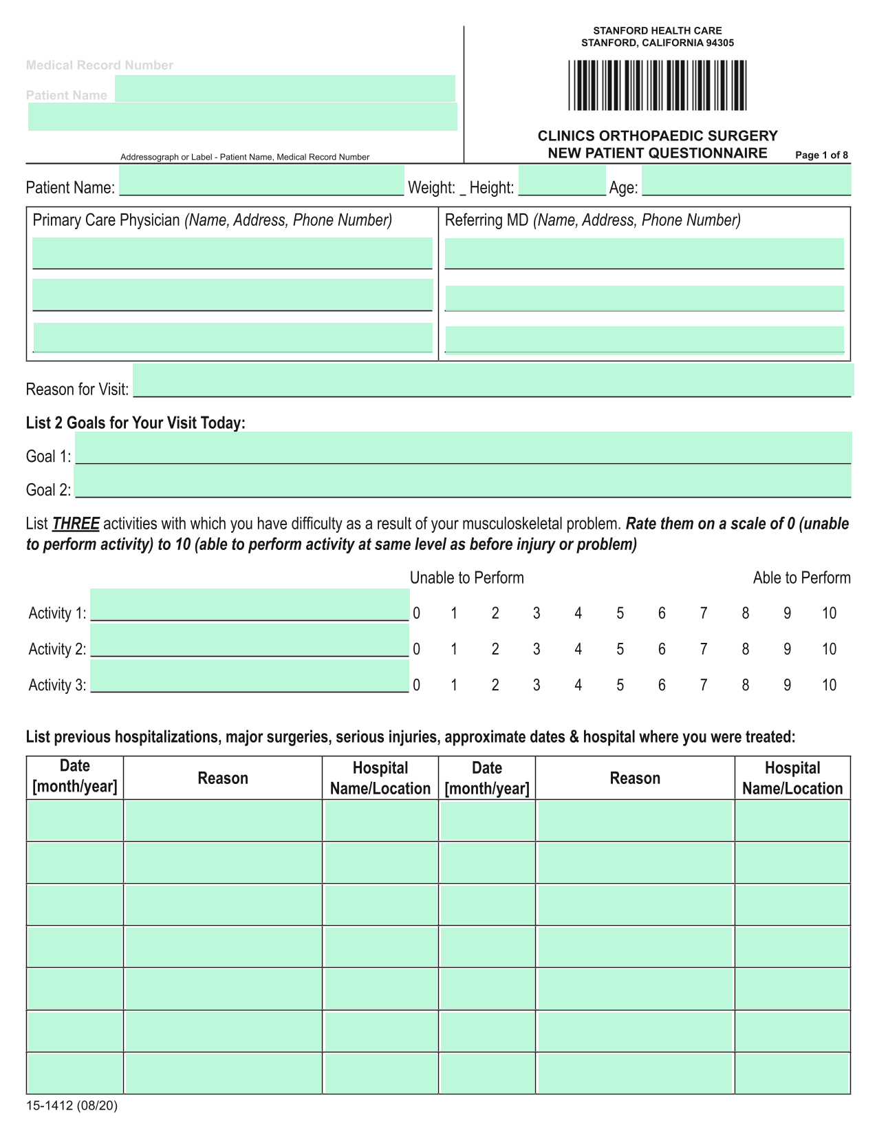 NEW PATIENT QUESTIONNAIRE screenshot
