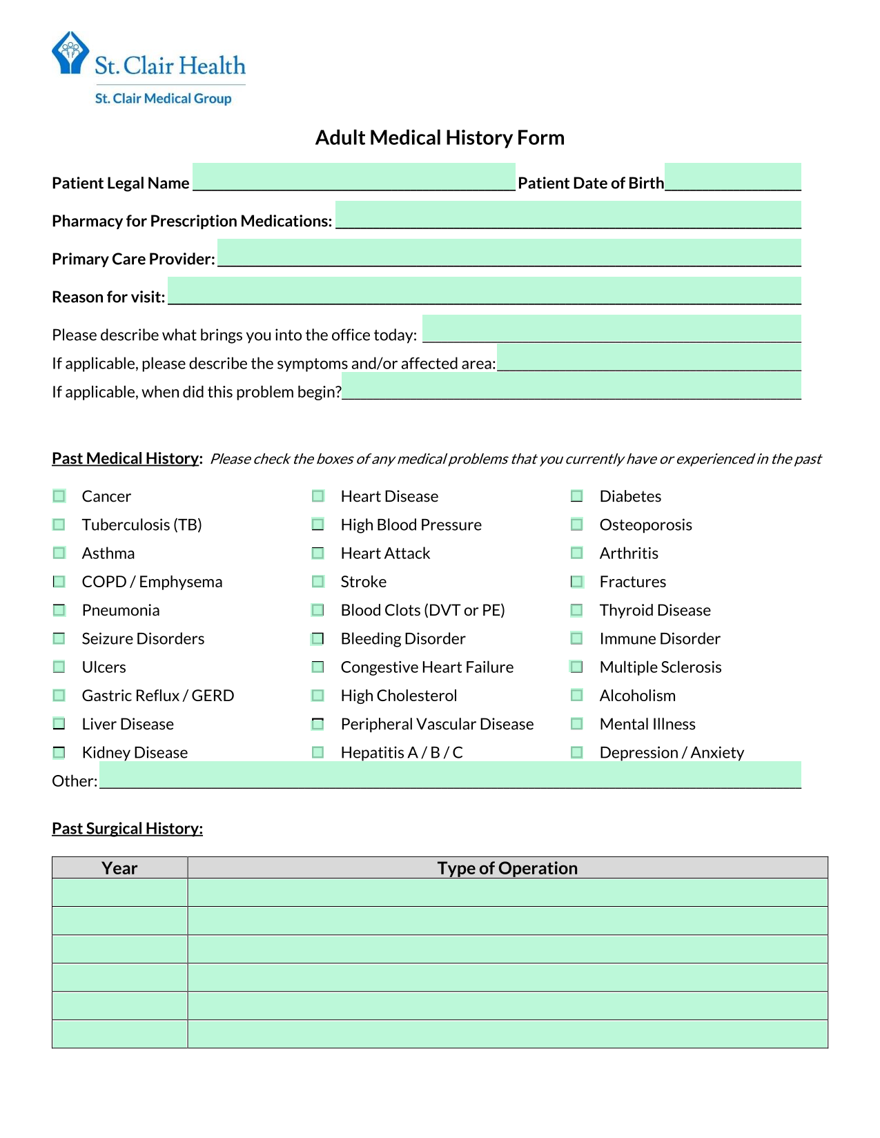 Adult Medical History Form screenshot