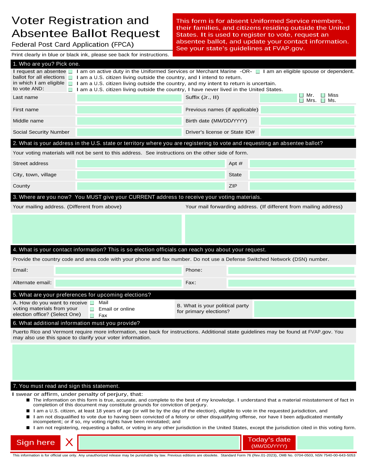 Federal Post Card Application (FPCA) screenshot