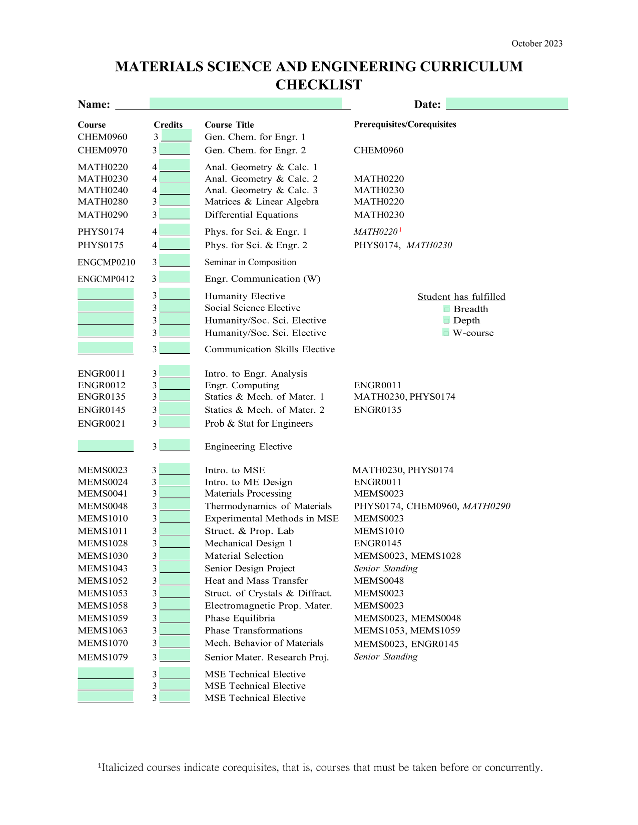 Materials Science And Engineering Curriculum Checklist screenshot