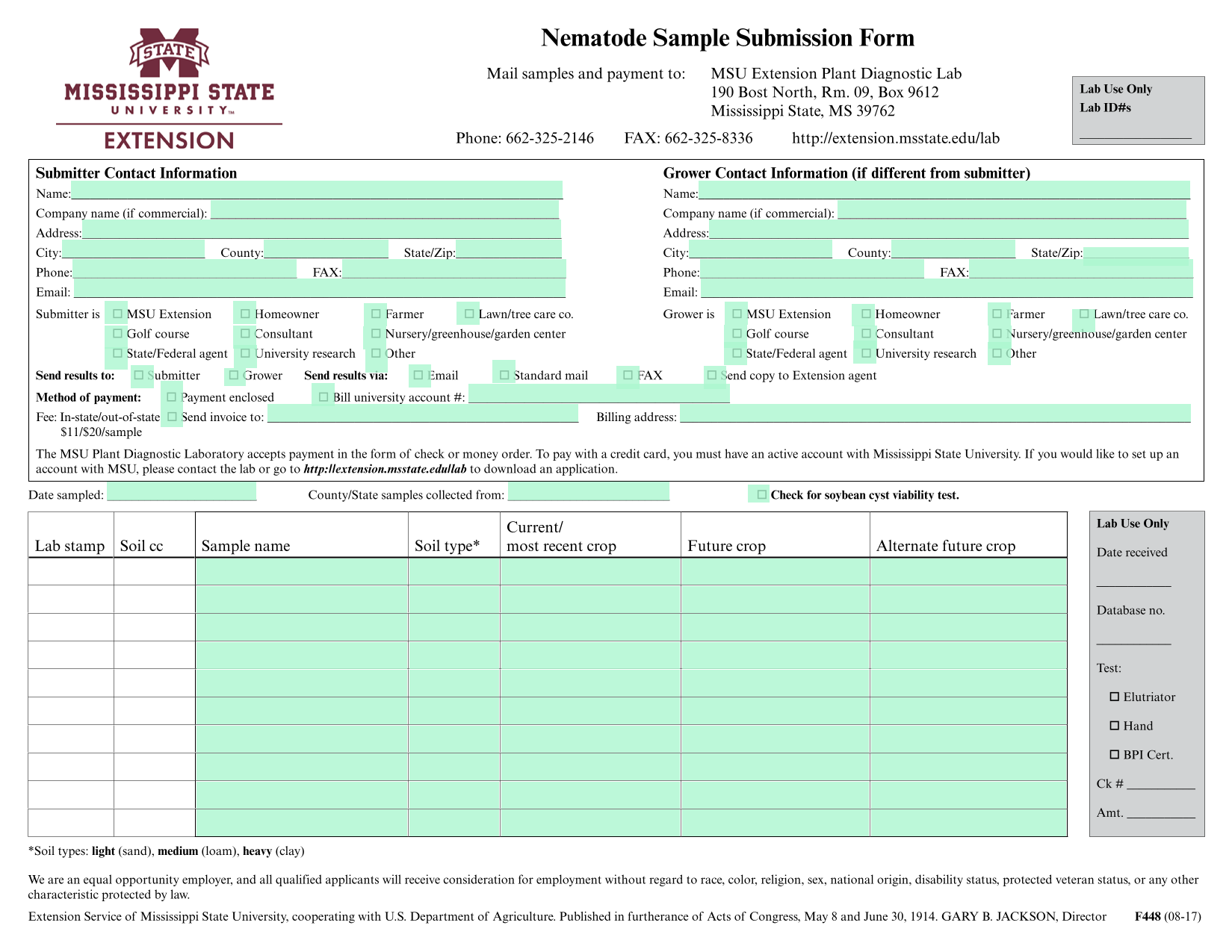 Nematode Sample Submission Form screenshot