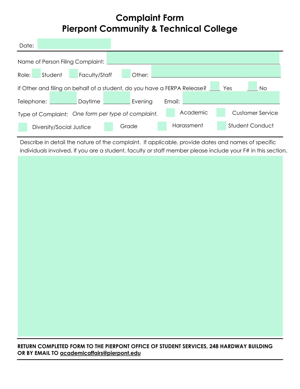 Complaint Form screenshot