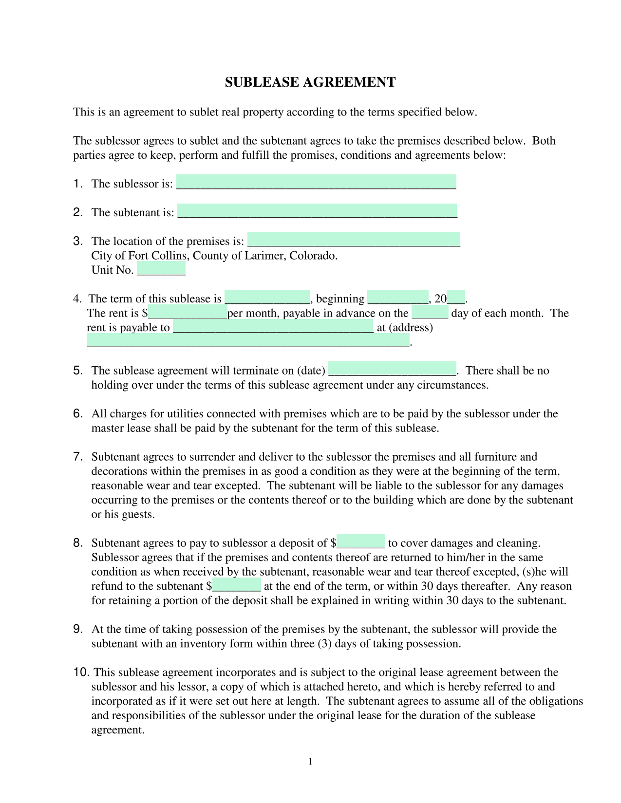 SUBLEASE AGREEMENT screenshot