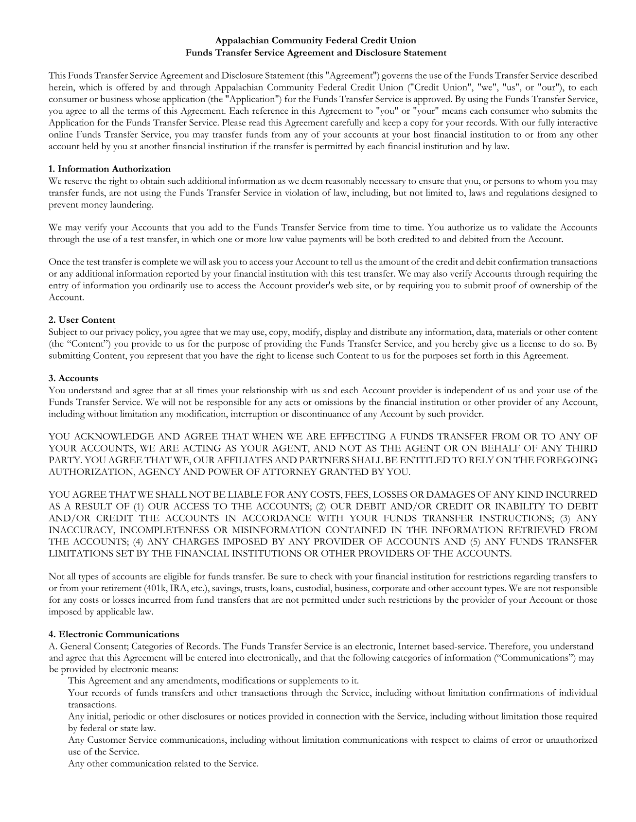 Funds Transfer Service Agreement And Disclosure Statement screenshot
