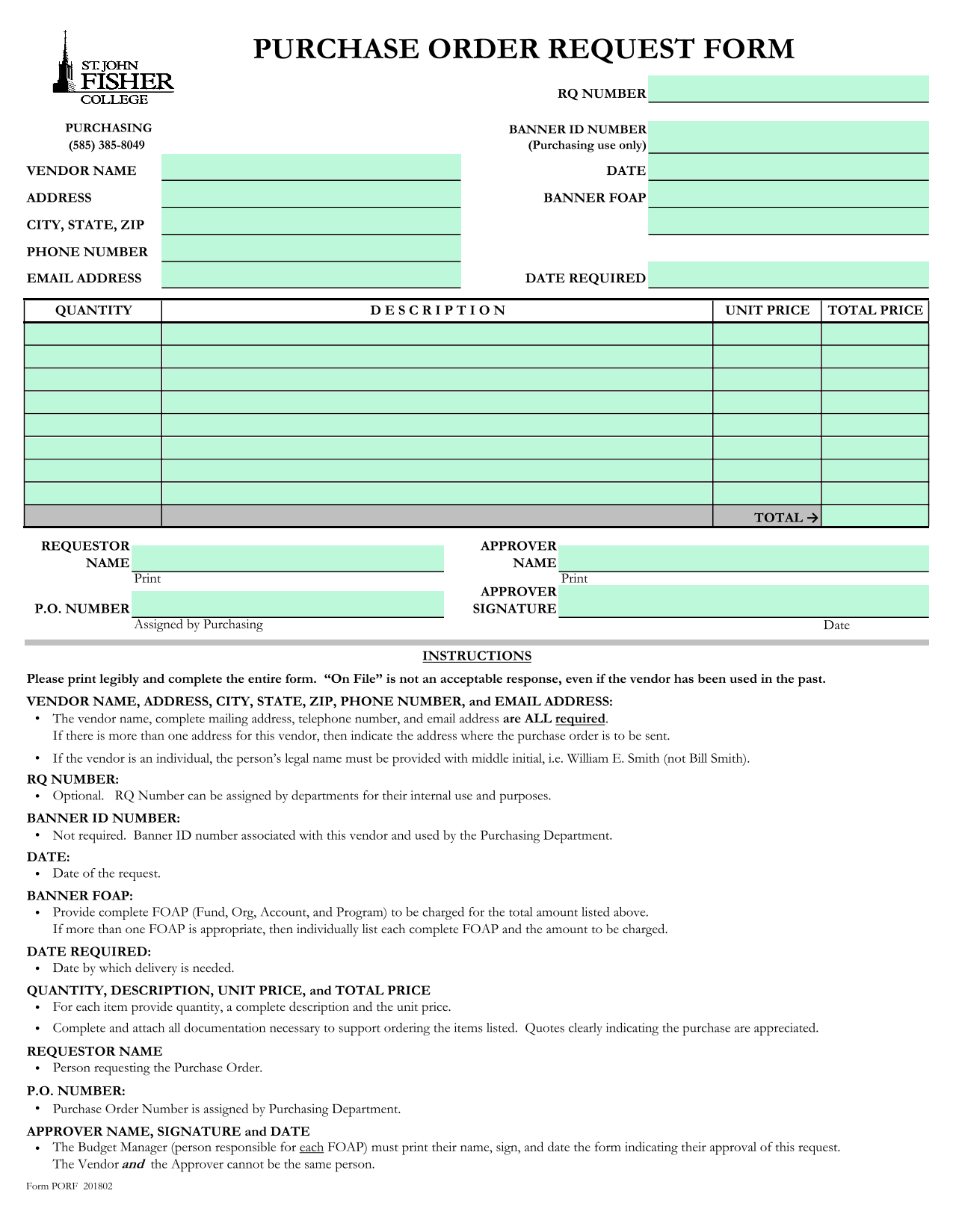 Purchase Order Request Form screenshot