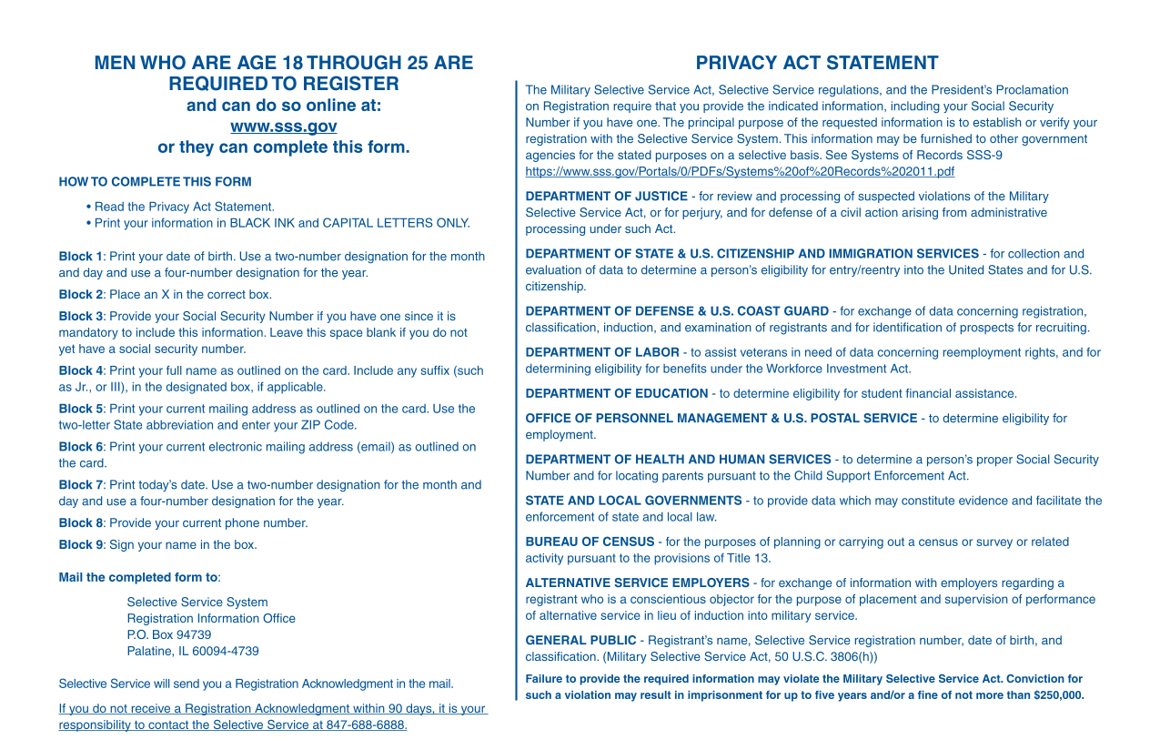 Selective Service System Registration Form screenshot