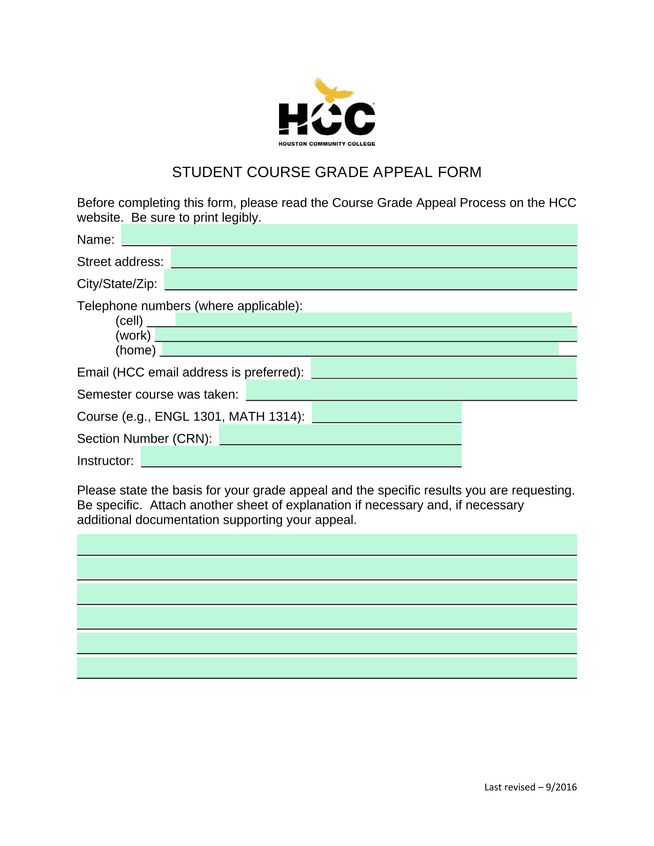 STUDENT COURSE GRADE APPEAL FORM screenshot