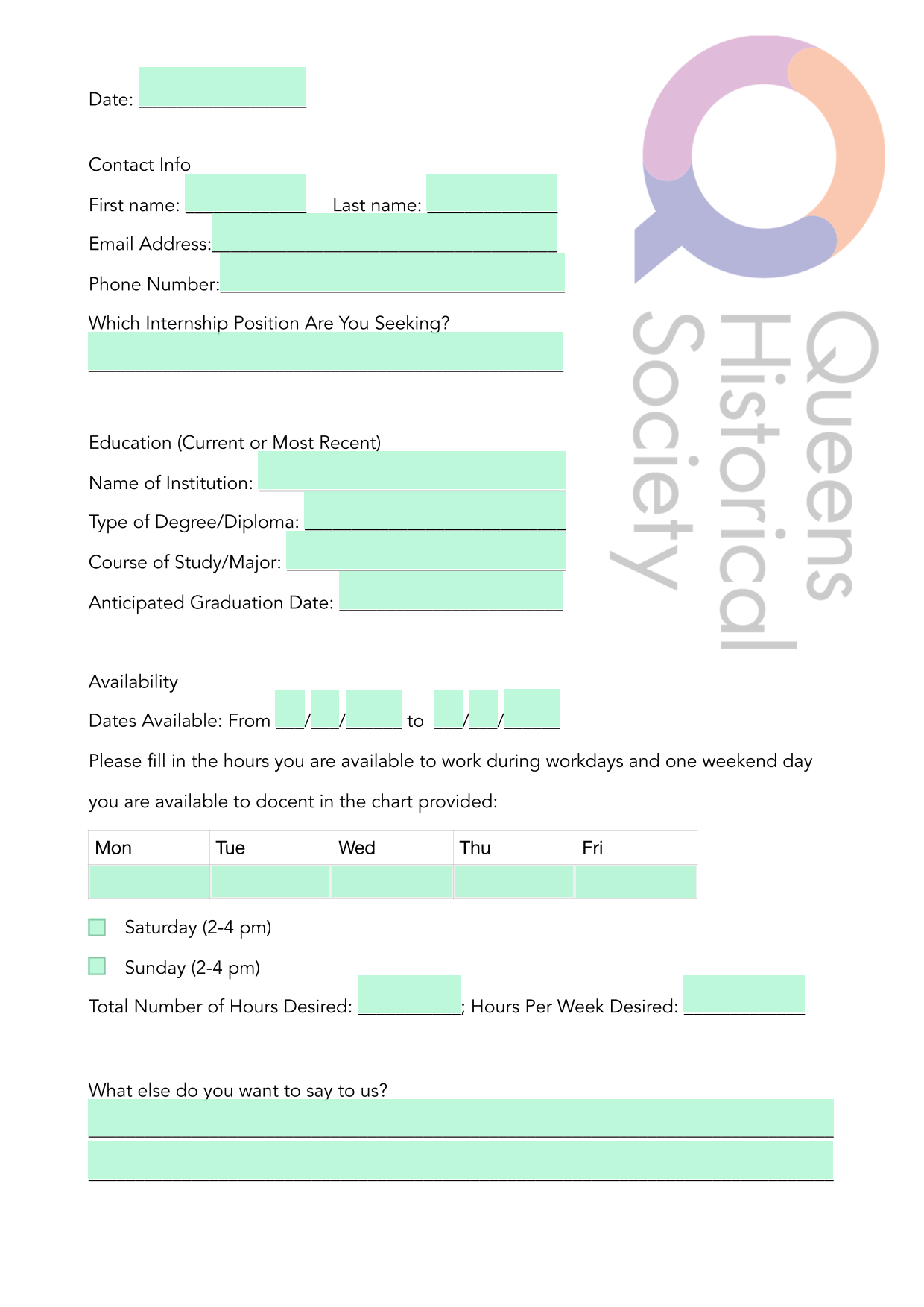 Internship Application Form screenshot