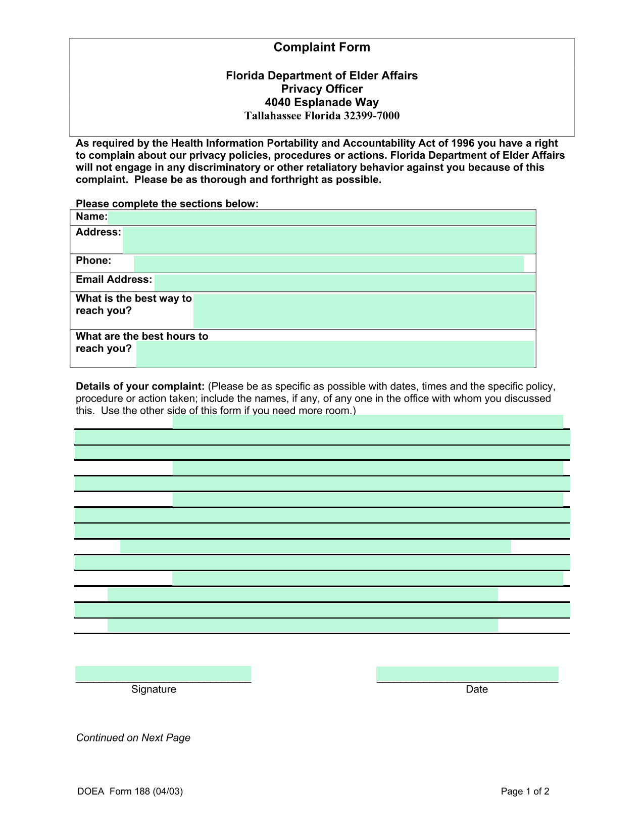 Complaint Form screenshot