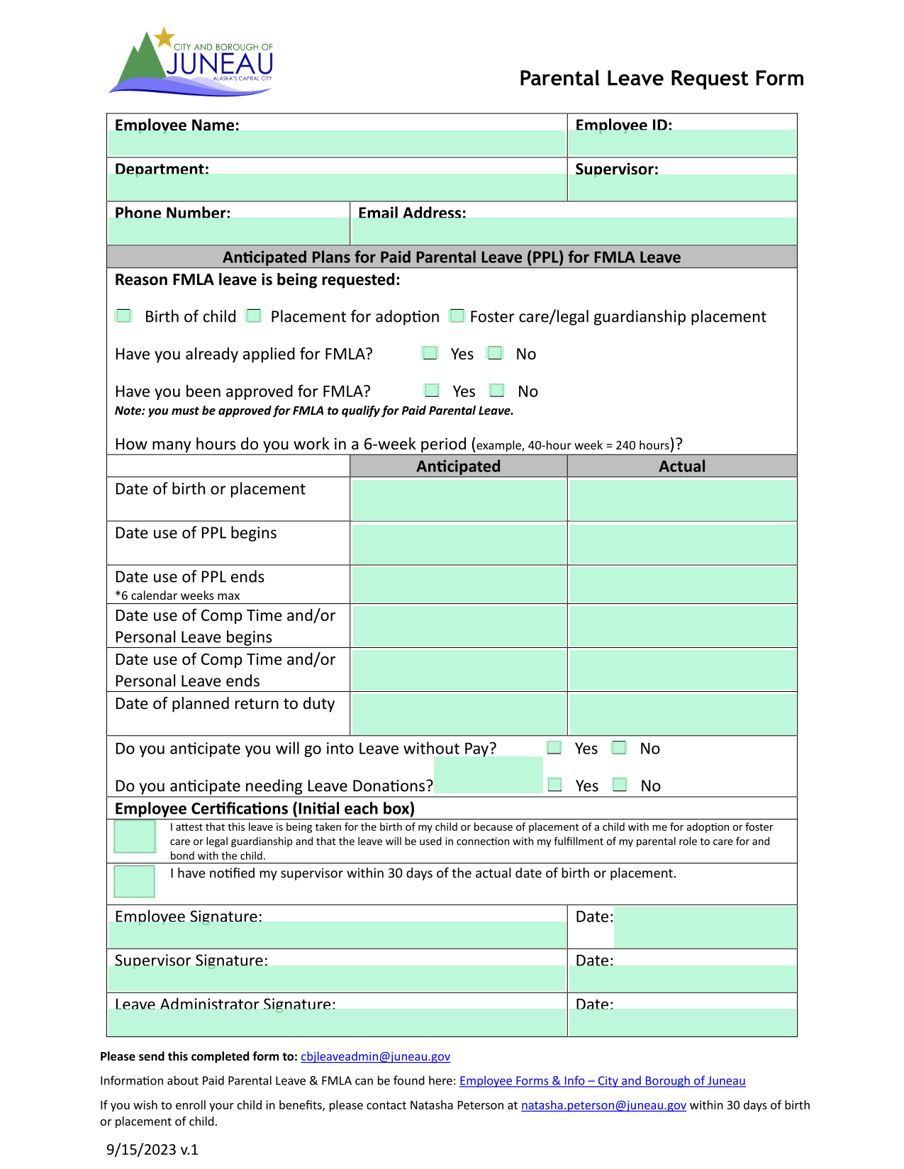 Parental Leave Request Form screenshot