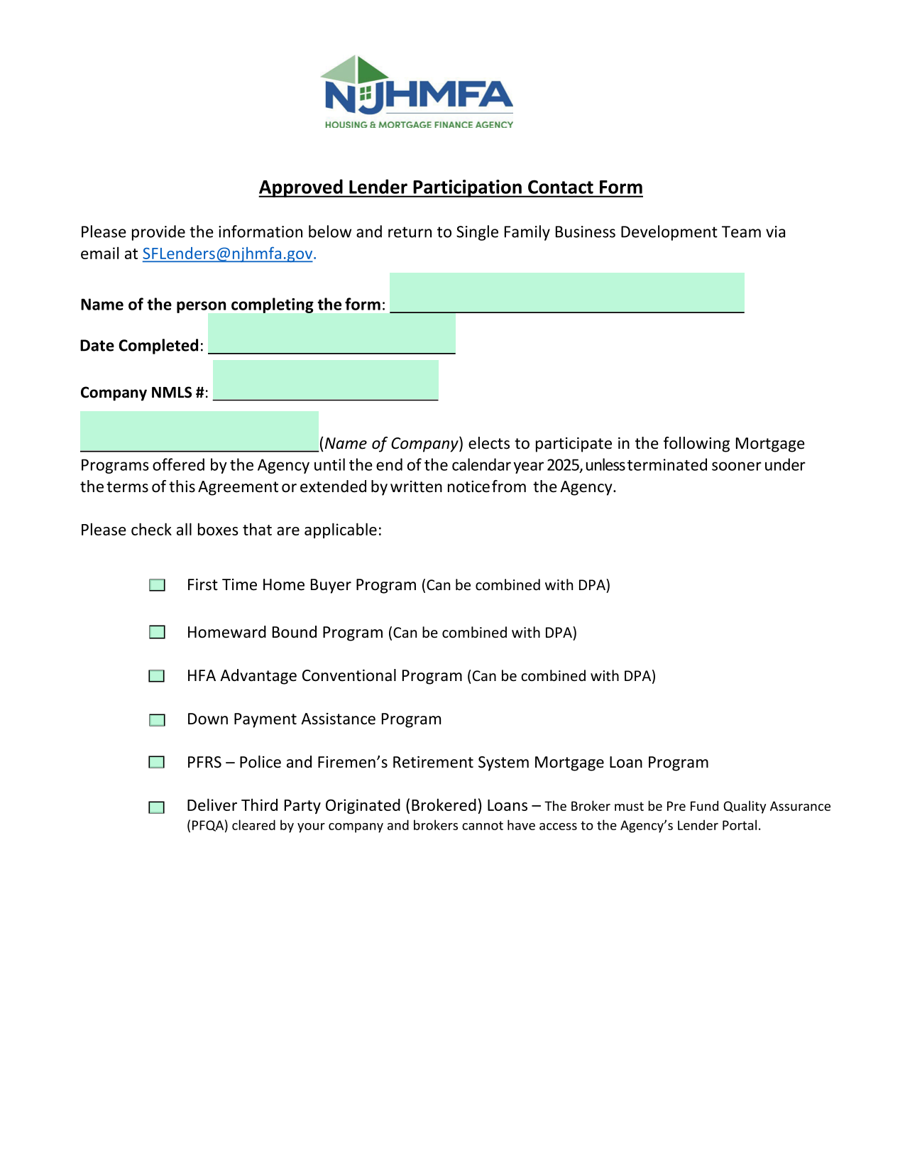 Approved Lender Participation Contact Form screenshot
