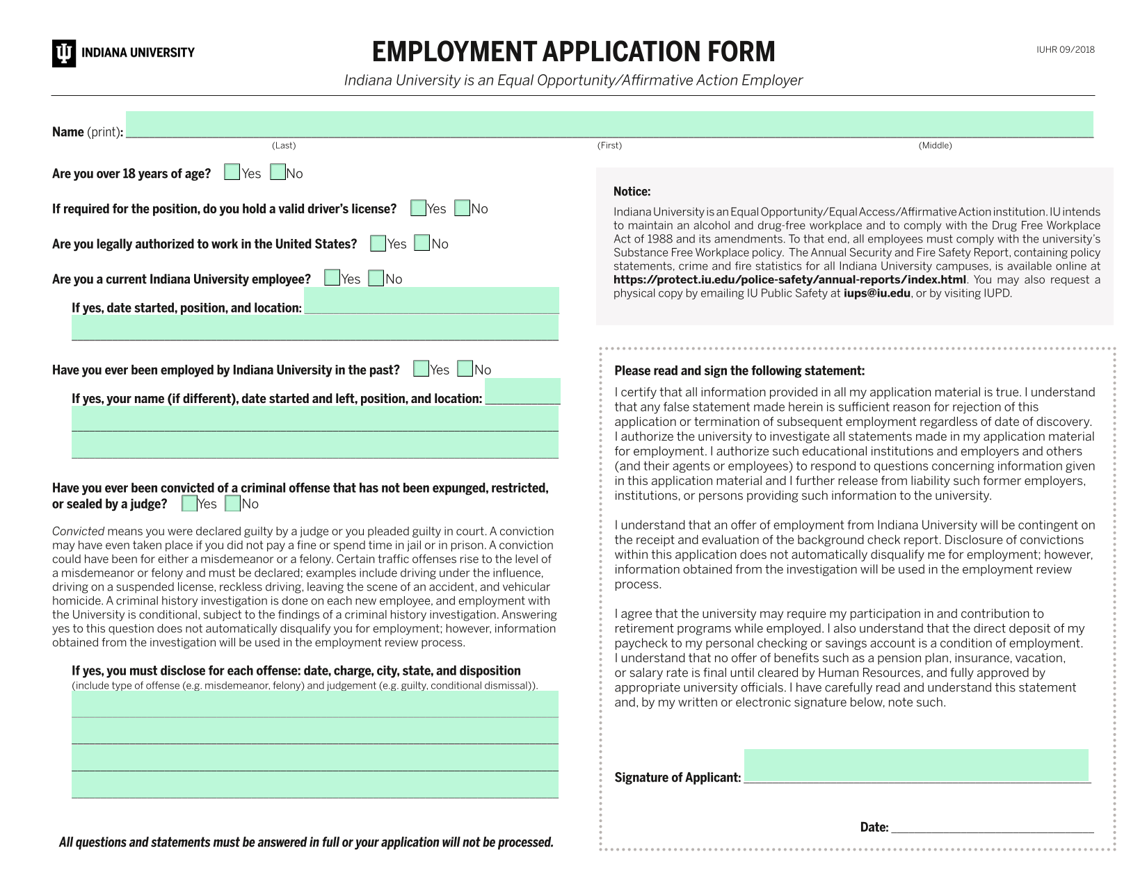 EMPLOYMENT APPLICATION FORM screenshot