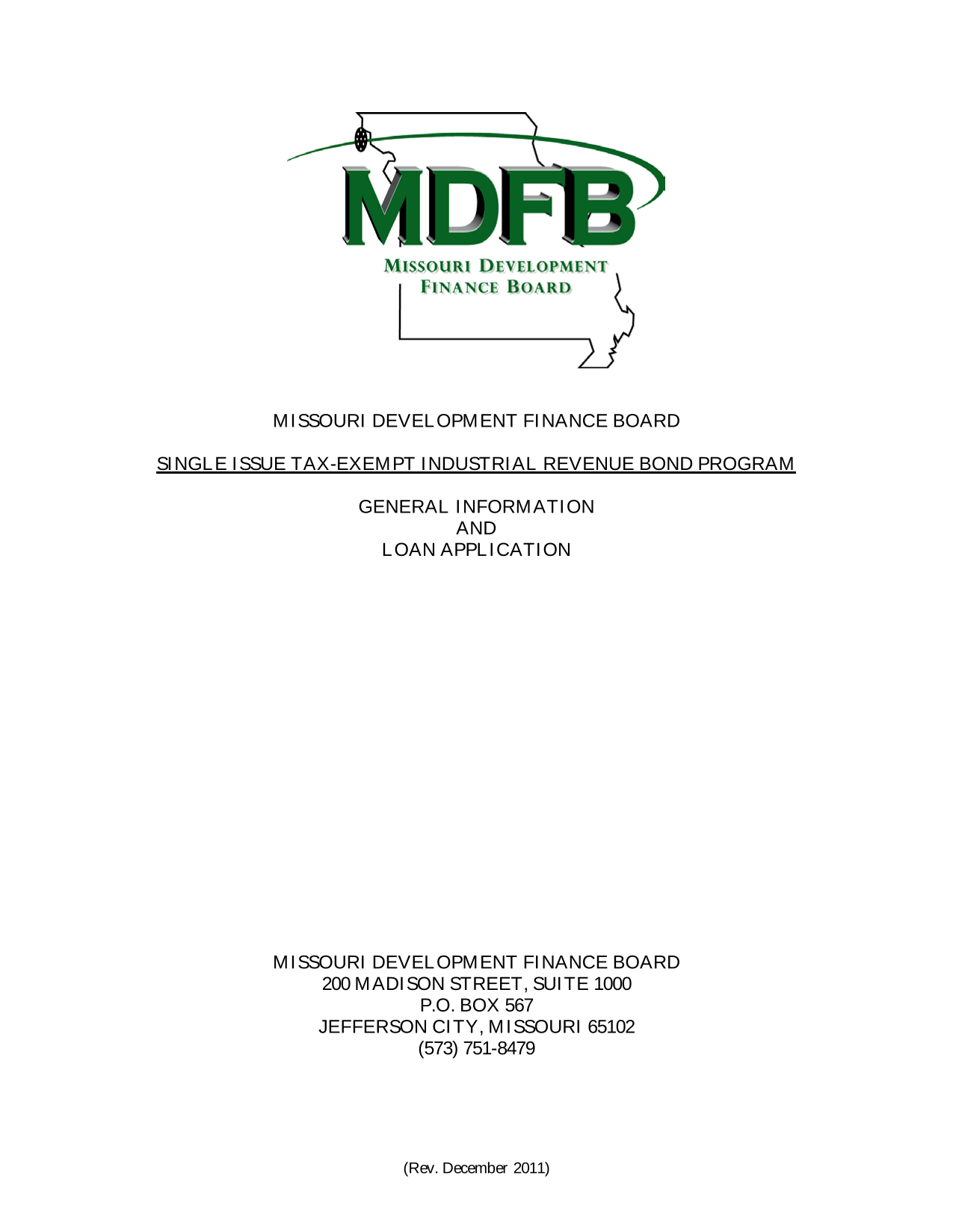 Single Issue Tax Exempt Industrial Revenue Bond Program General Information And Loan Application screenshot