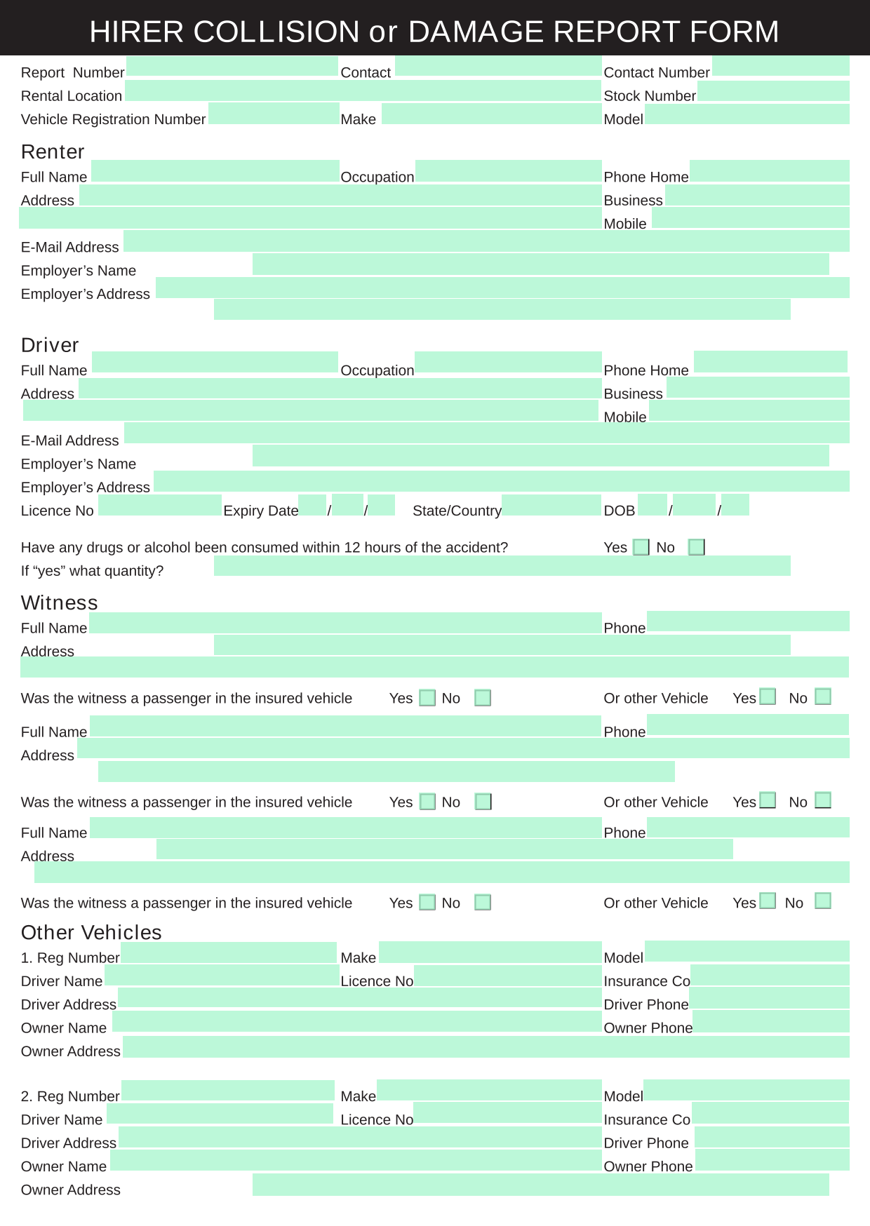 HIRER COLLISION Or DAMAGE REPORT FORM screenshot