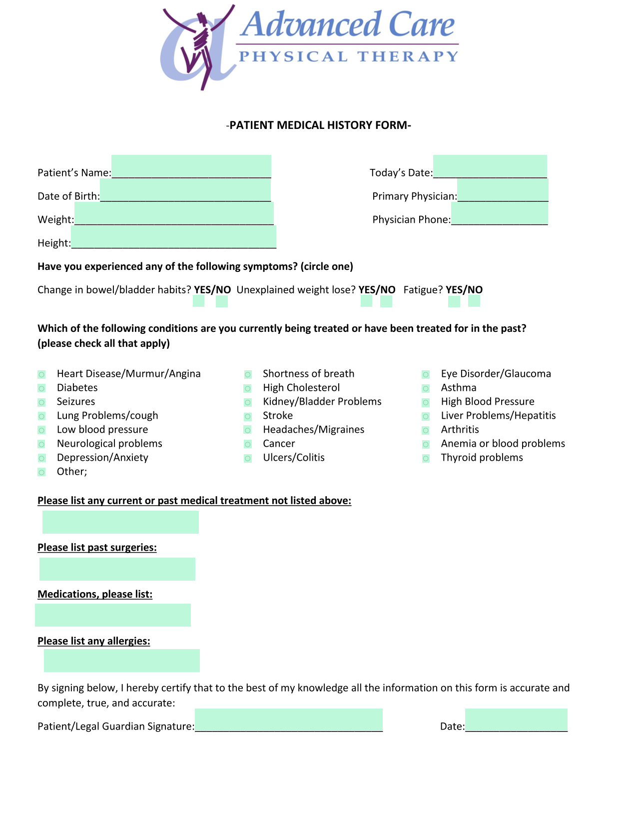 Patient Medical History Form screenshot