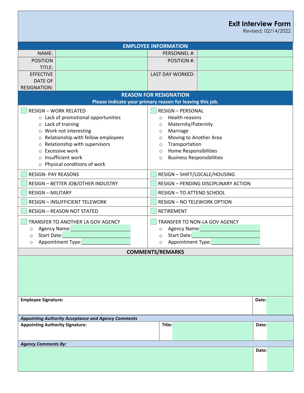Exit Interview Form screenshot