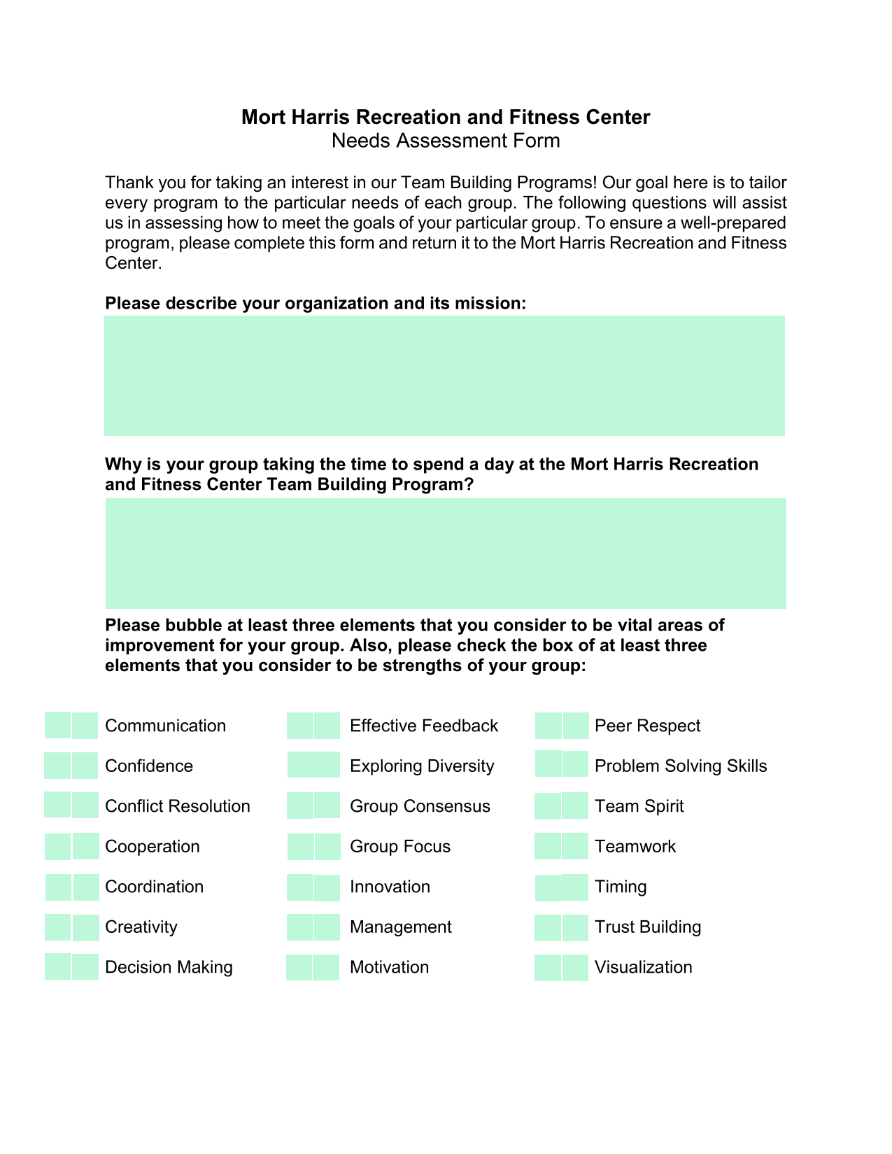 Mort Harris Recreation And Fitness Center Needs Assessment Form screenshot