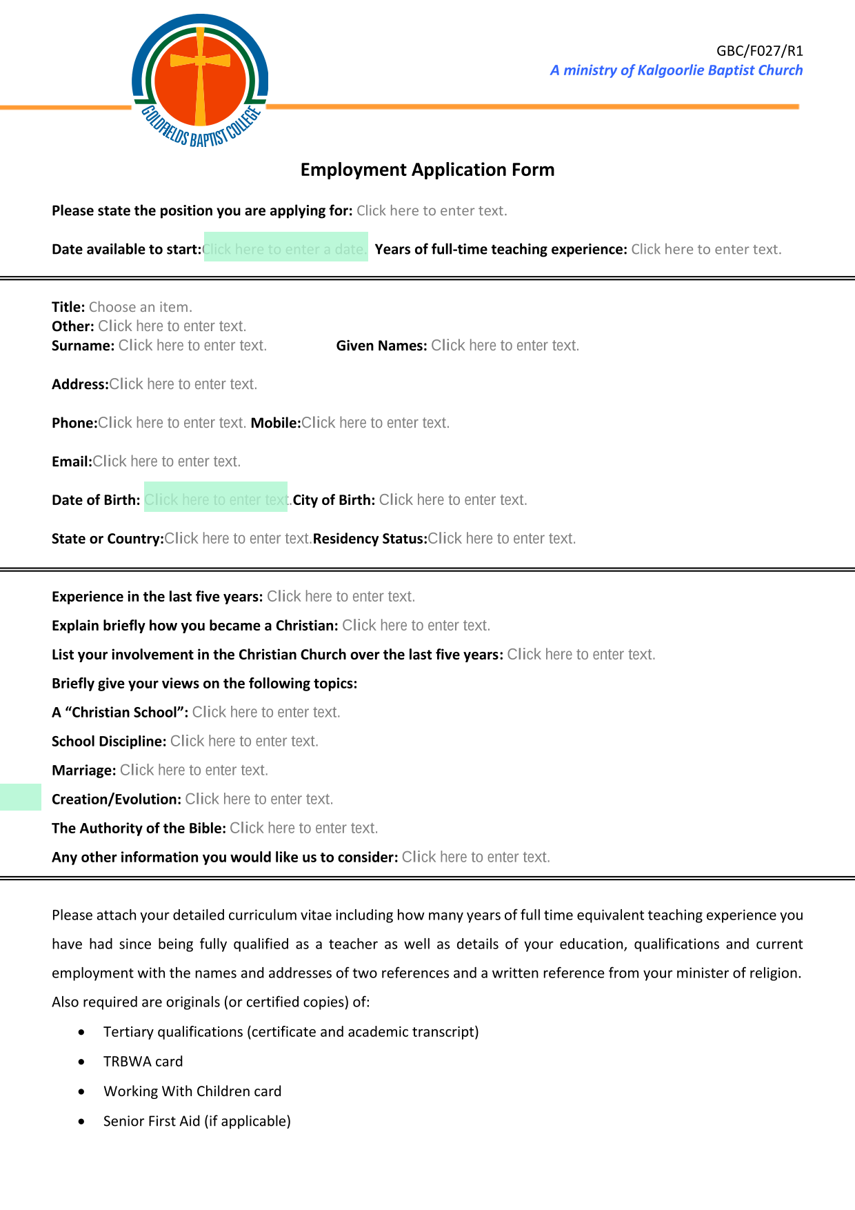 Employment Application Form screenshot