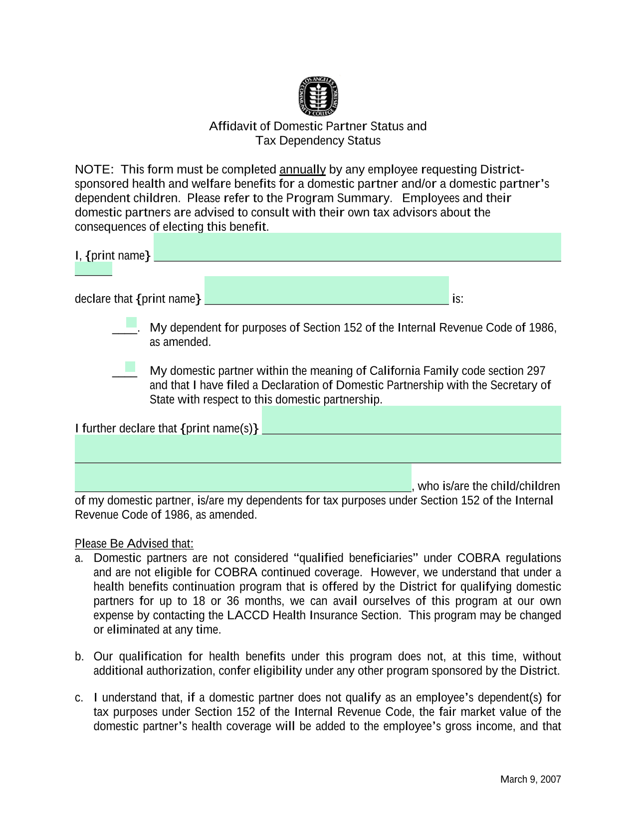 Affidavit Of Domestic Partner Status And Tax Dependency Status screenshot