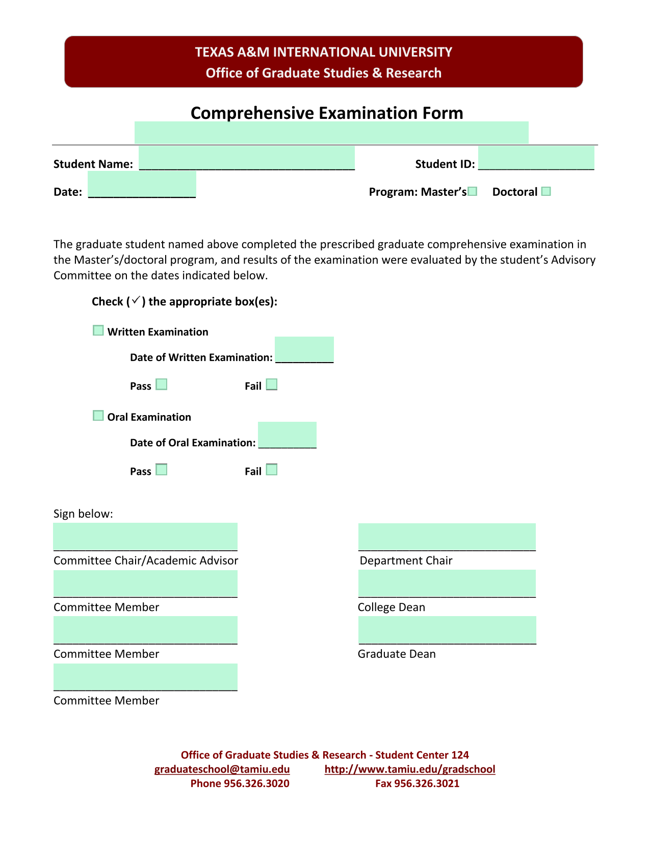 Comprehensive Examination Form screenshot