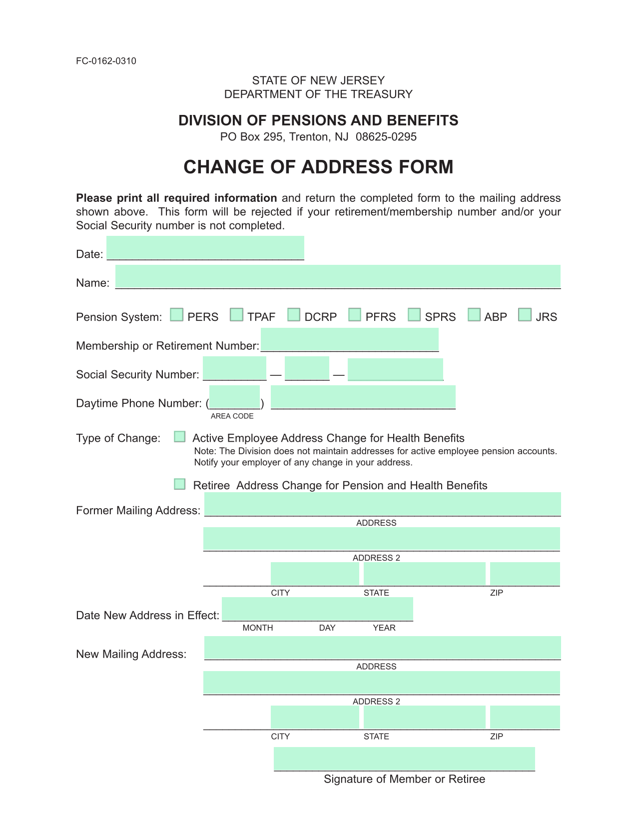 Change Of Address Form screenshot