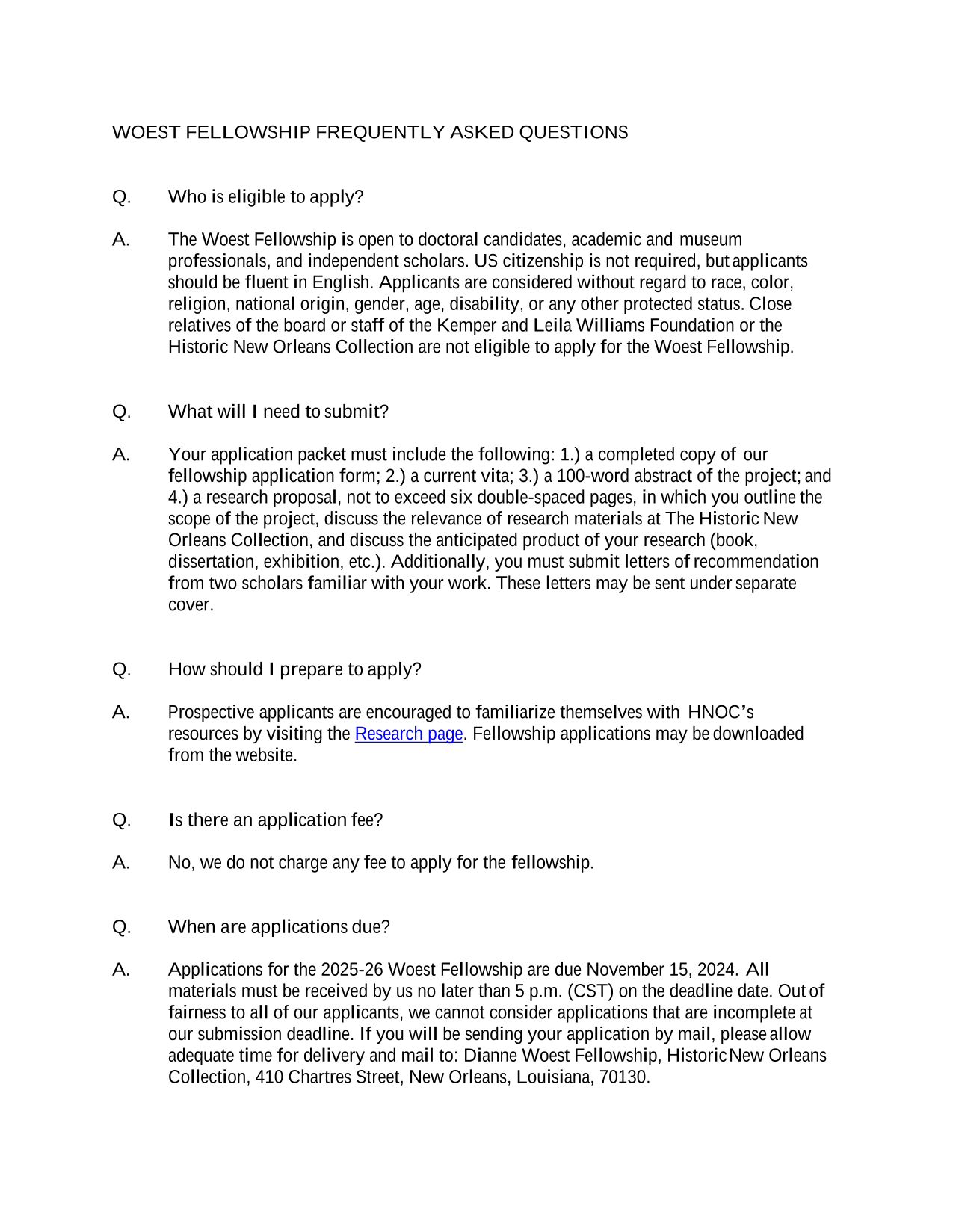 WOEST FELLOWSHIP FREQUENTLY ASKED QUESTIONS screenshot